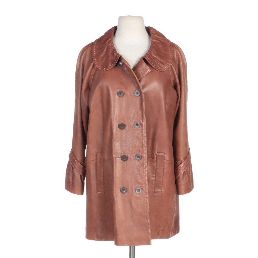 Tasha Polizzi Collection Double-Breasted Tan Leather Jacket with Top Stitching