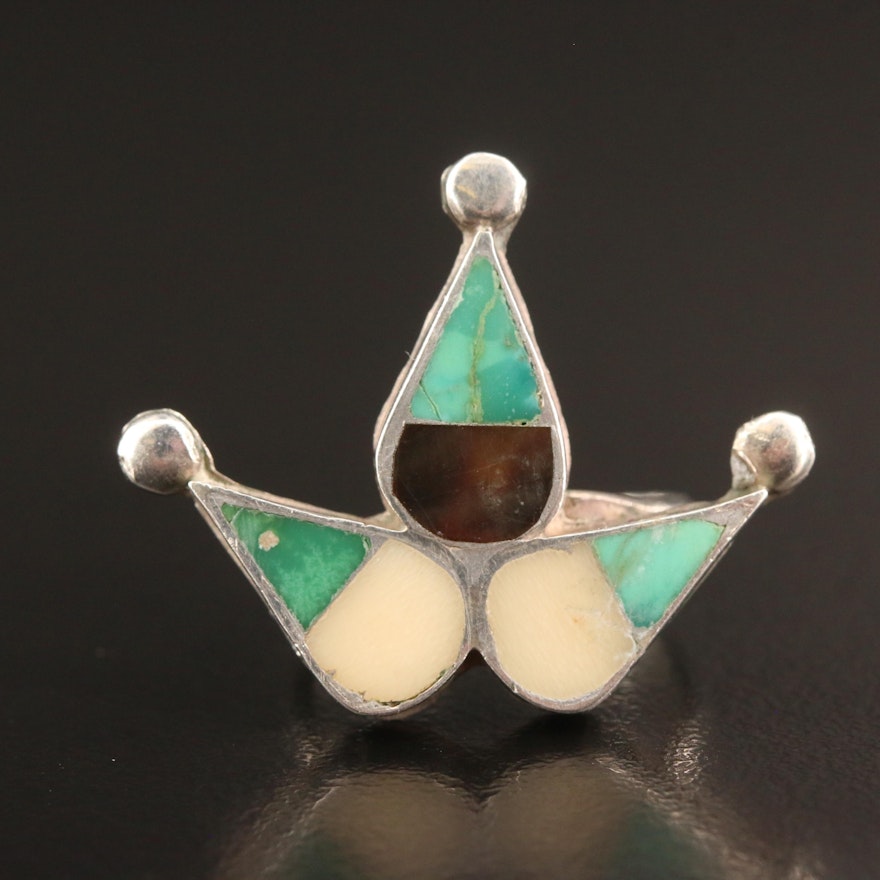 Southwestern Style Sterling Silver Turquoise, Mother of Pearl and Horn Ring