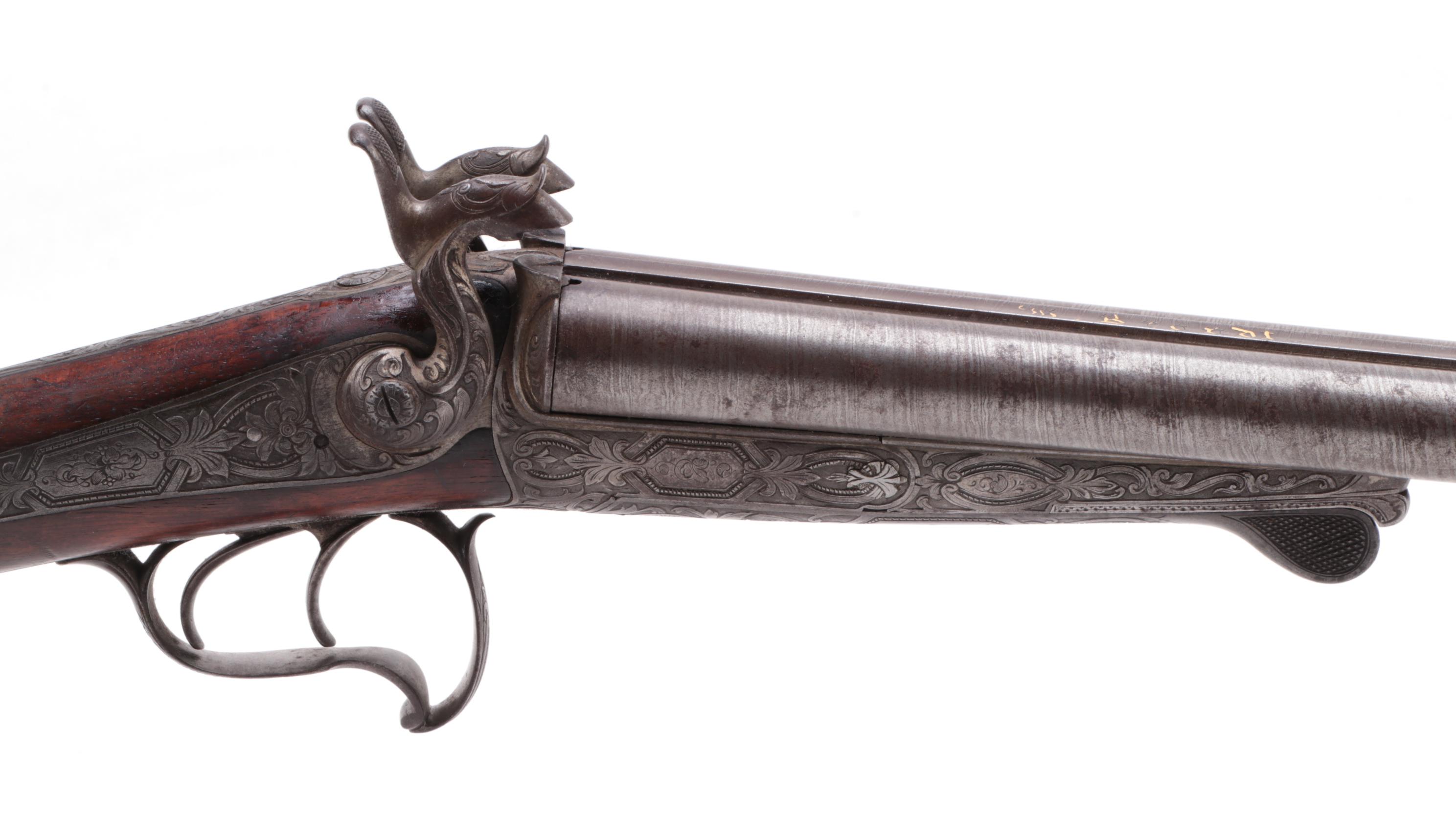 Antique Engraved Twist Steel Side-by-Side Pinfire Double Barrel Shotgun