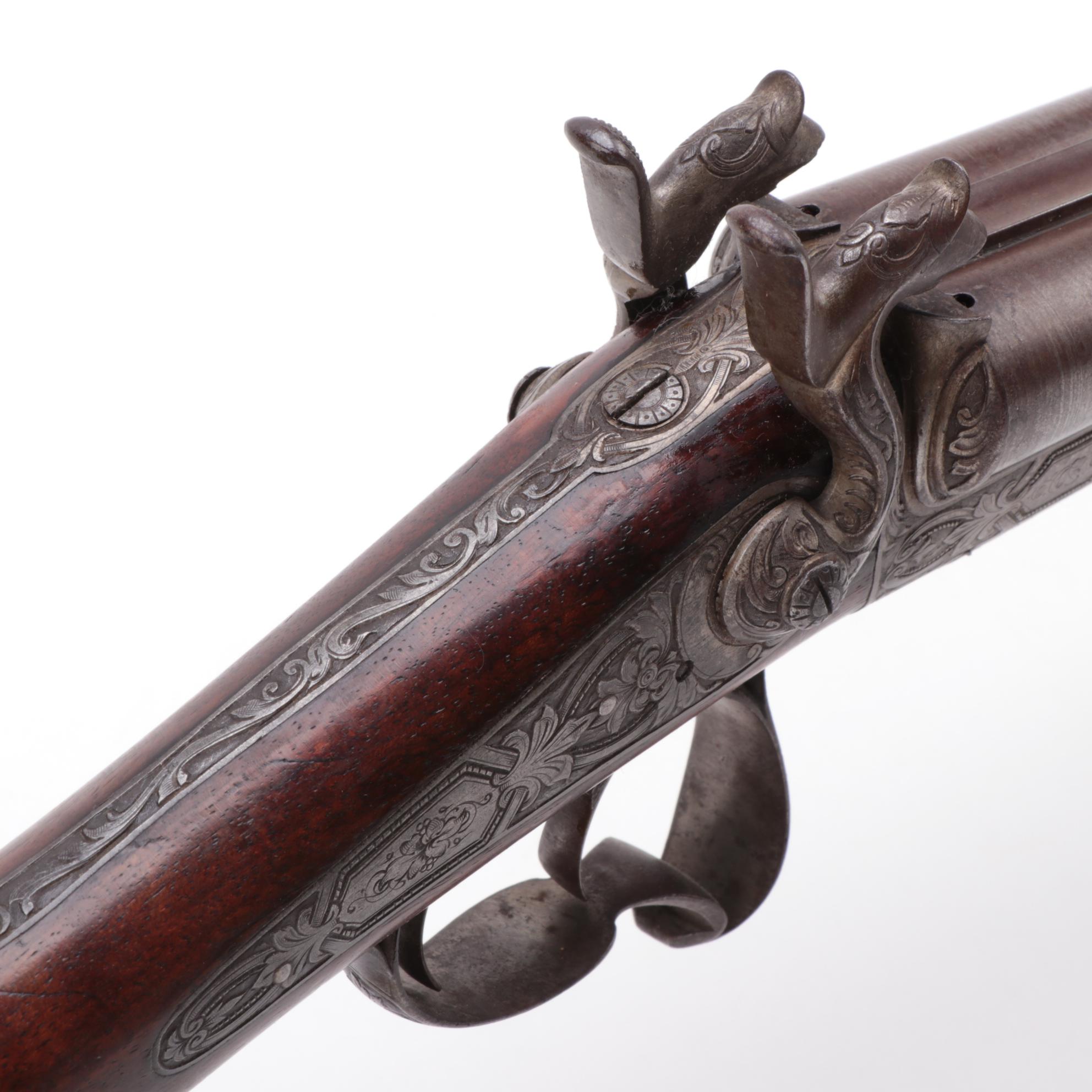 Antique Engraved Twist Steel Side-by-Side Pinfire Double Barrel Shotgun