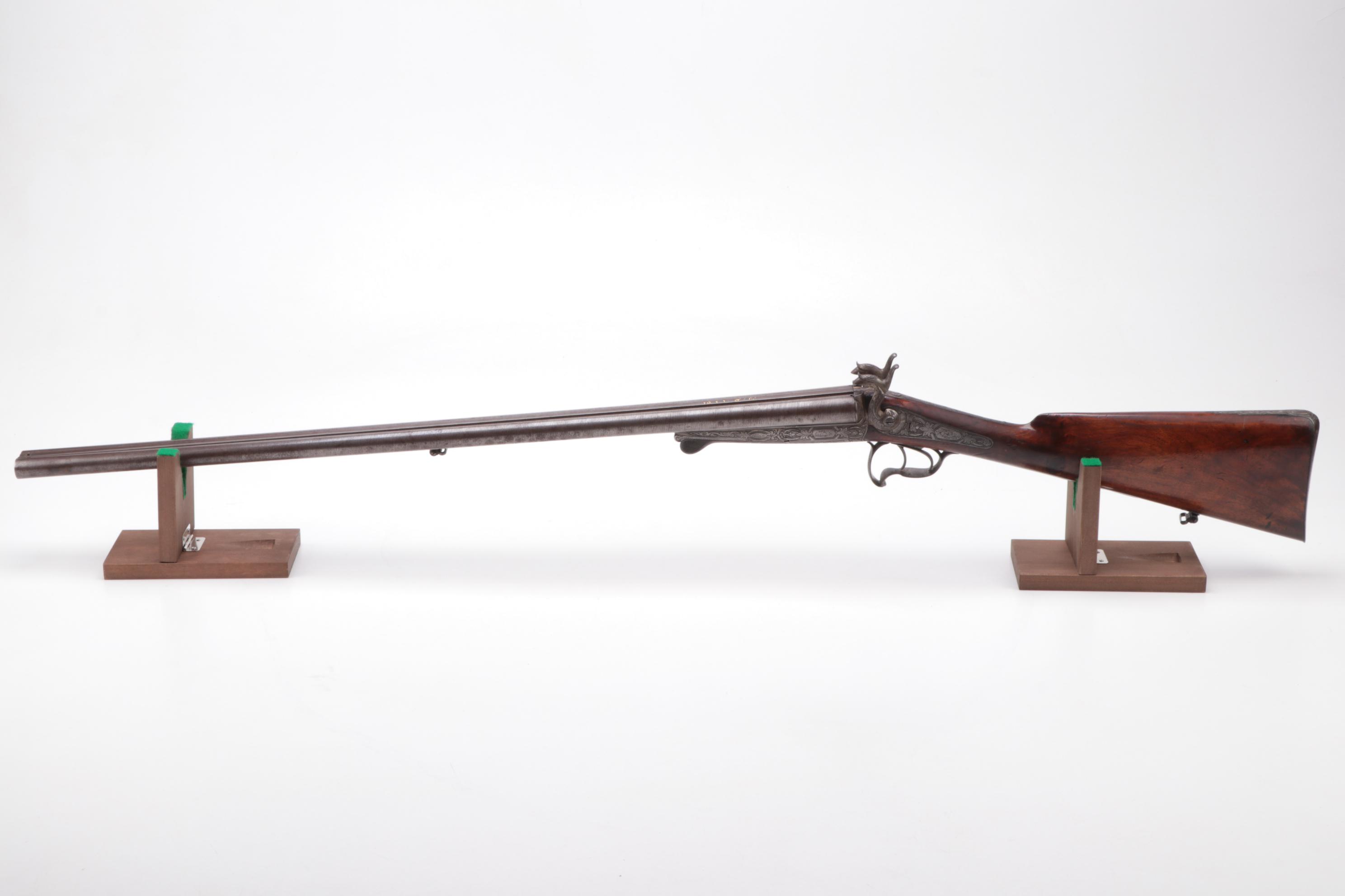 Antique Engraved Twist Steel Side-by-Side Pinfire Double Barrel Shotgun