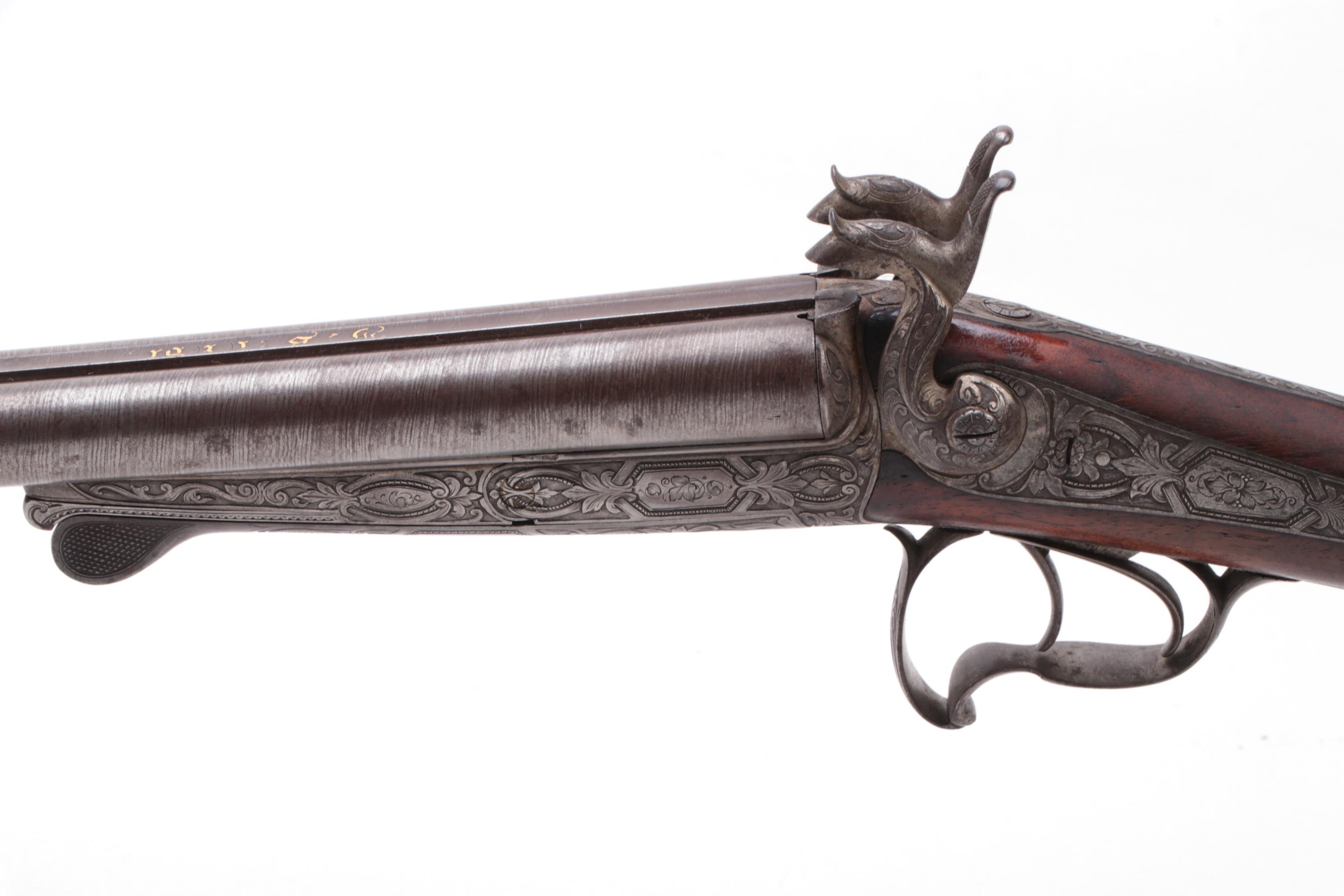 Antique Engraved Twist Steel Side-by-Side Pinfire Double Barrel Shotgun