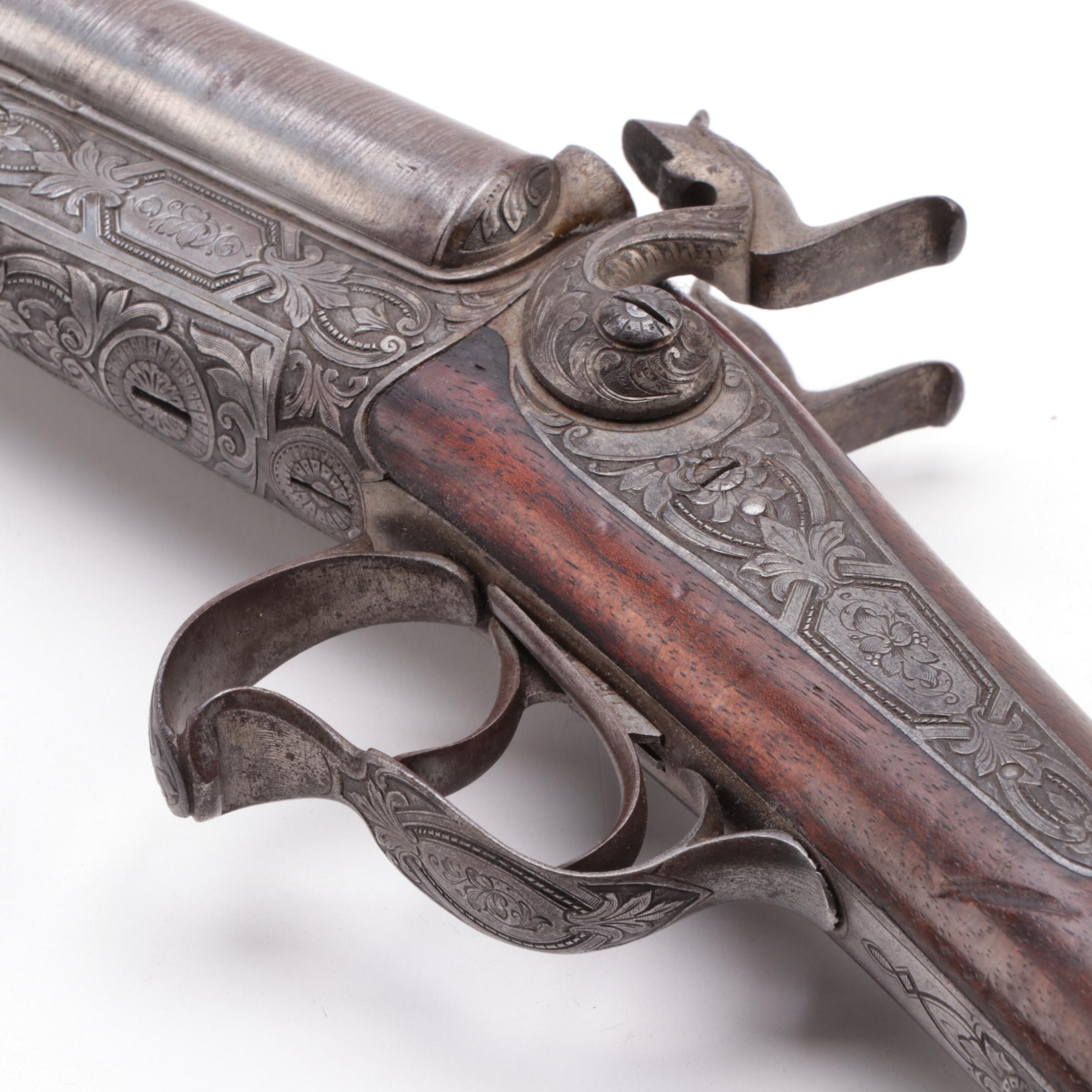 Antique Engraved Twist Steel Side-by-Side Pinfire Double Barrel Shotgun