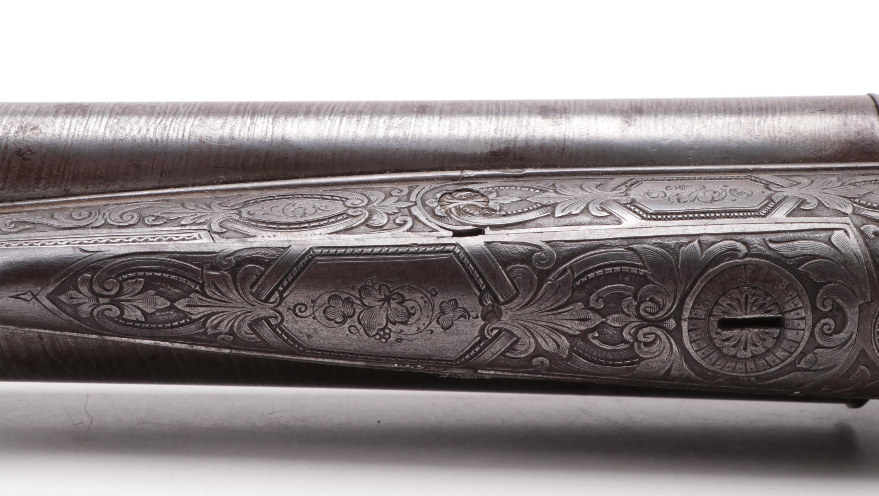 Antique Engraved Twist Steel Side-by-Side Pinfire Double Barrel Shotgun