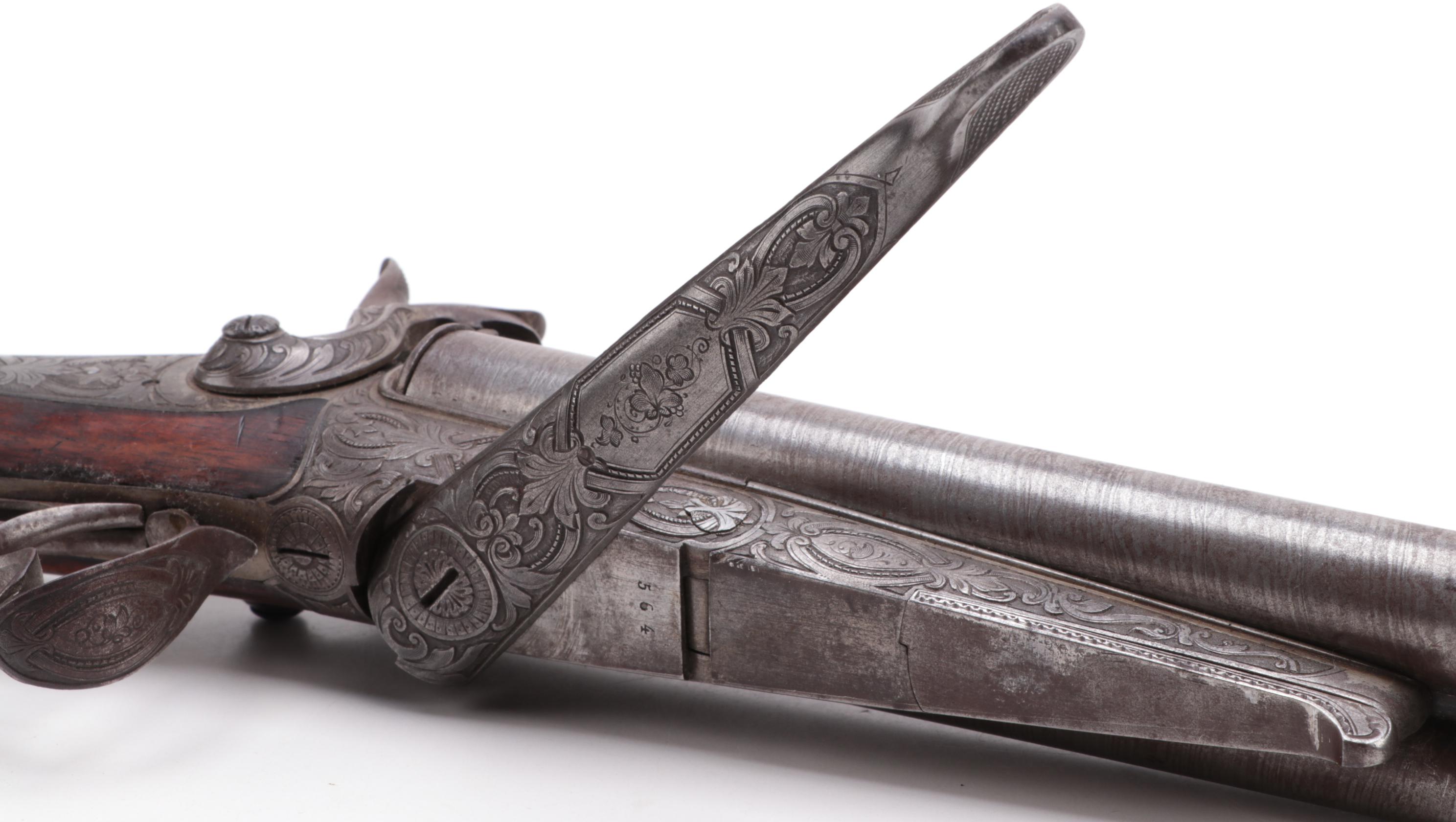 Antique Engraved Twist Steel Side-by-Side Pinfire Double Barrel Shotgun