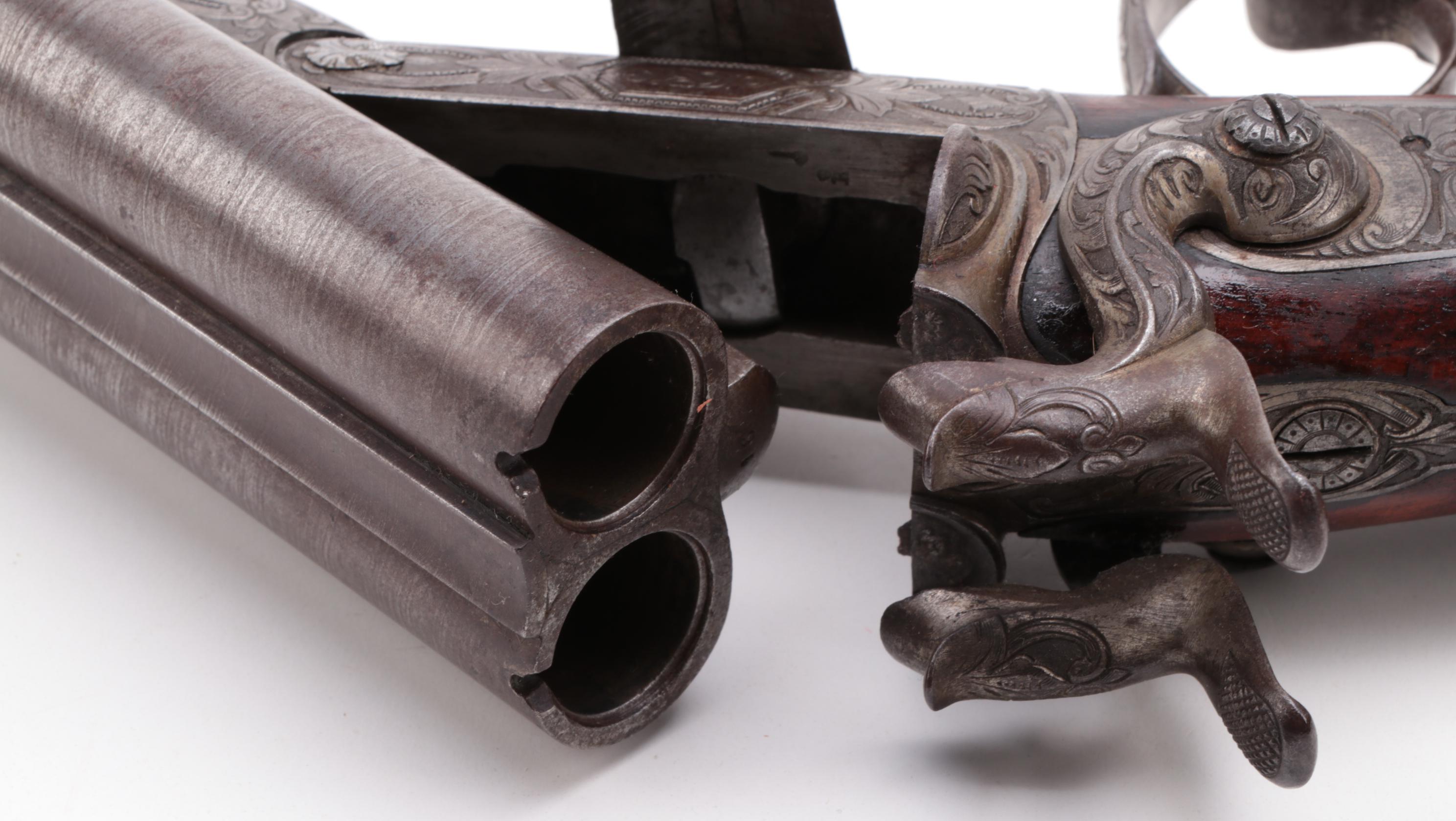 Antique Engraved Twist Steel Side-by-Side Pinfire Double Barrel Shotgun