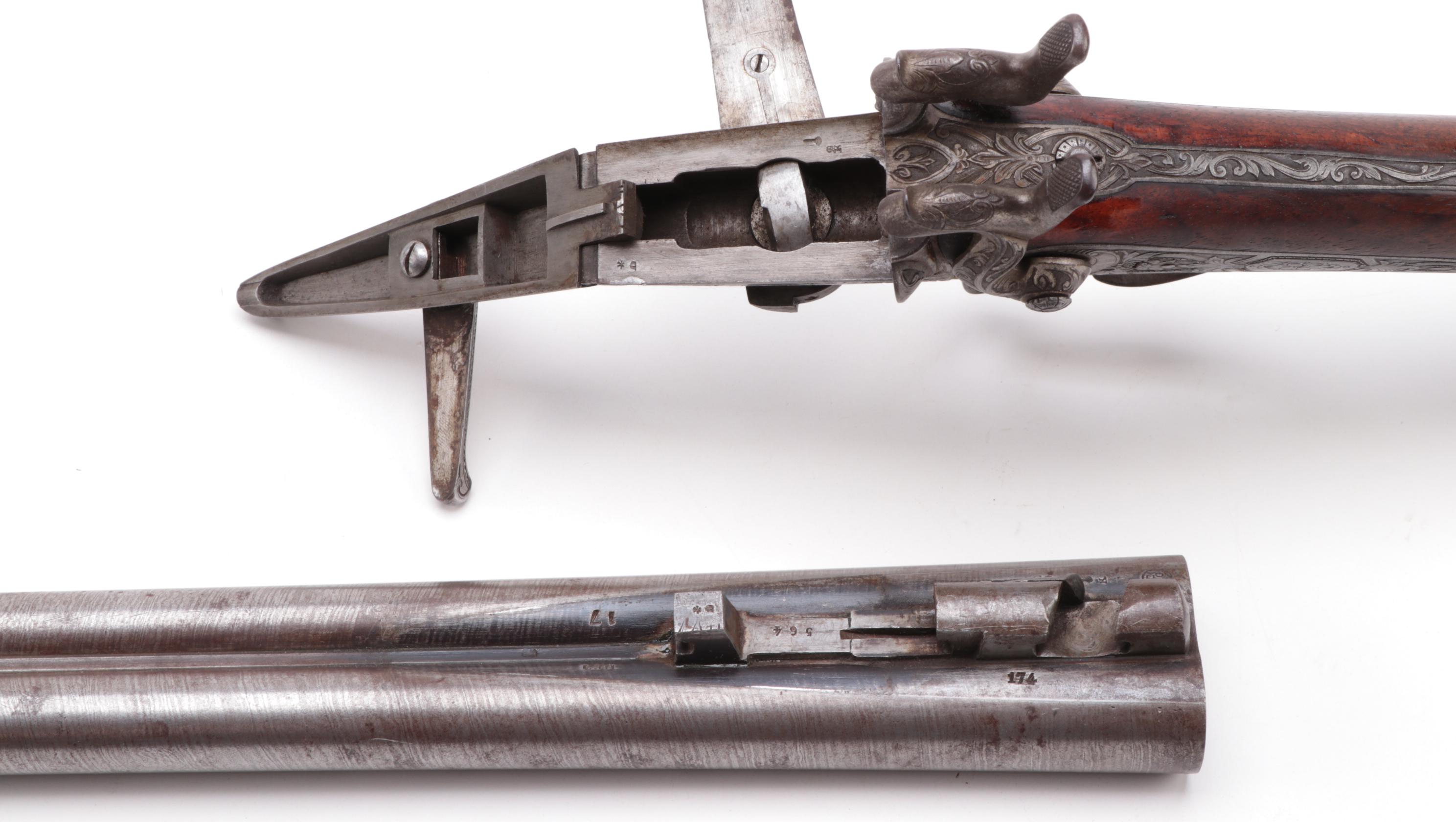 Antique Engraved Twist Steel Side-by-Side Pinfire Double Barrel Shotgun