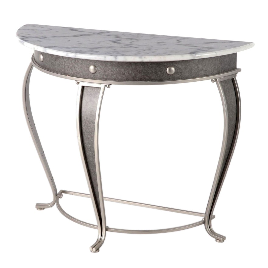 Contemporary Marble Top Brushed Nickel Demilune Table
