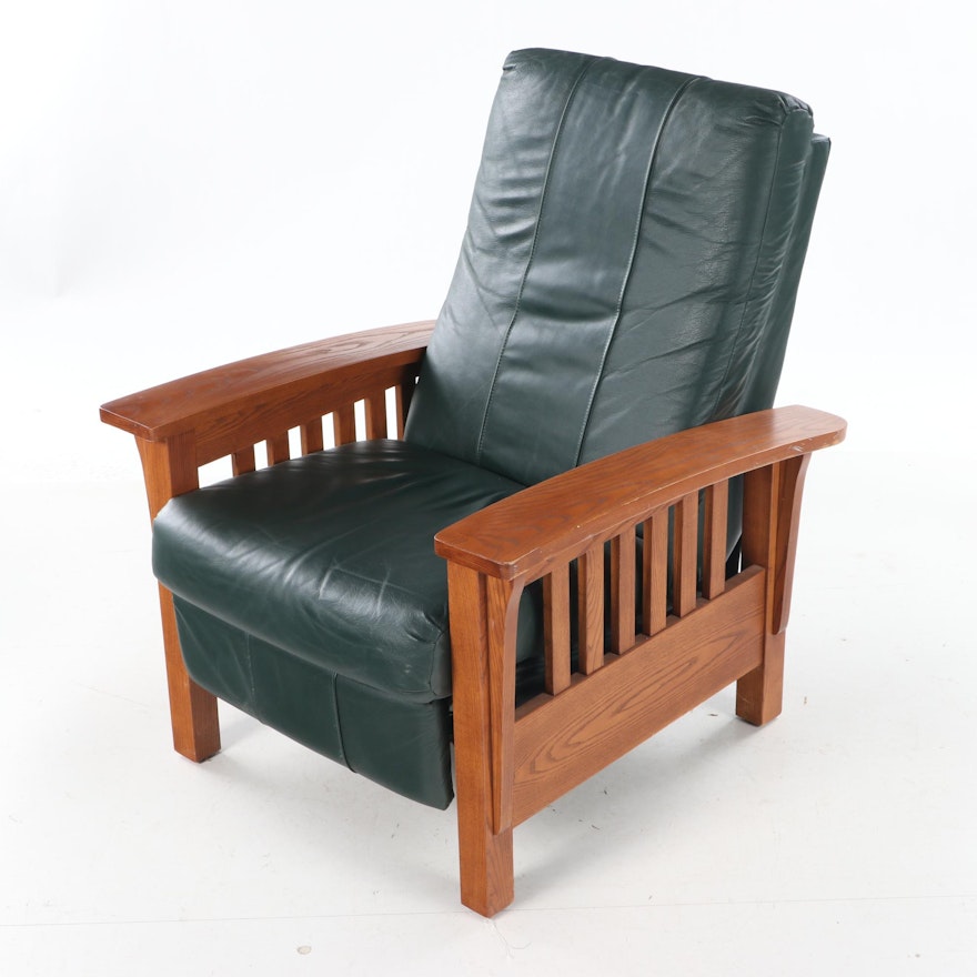 BarcaLounger Arts and Crafts Style Oak and Green Leather Reclining Armchair