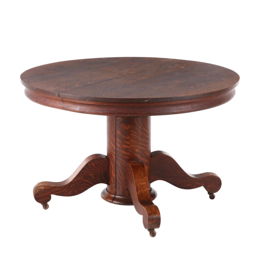 Empire Revival Oak Pedestal Dining Table with Leaf Inserts, Early 20th Century
