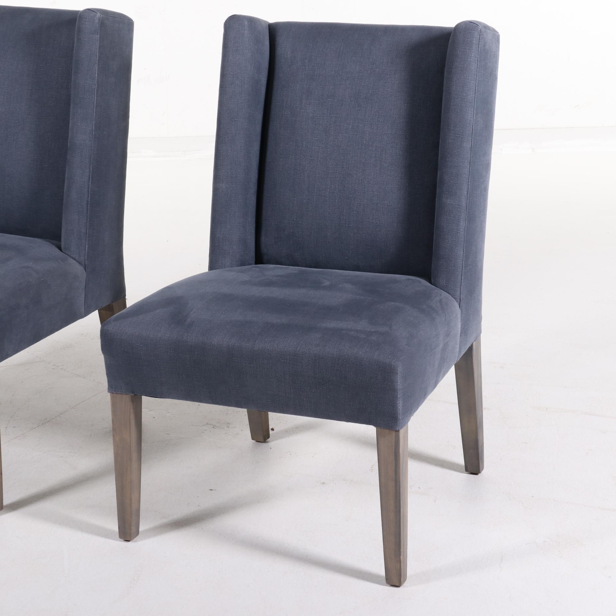 Pair of Contemporary Washed Blue Linen Wing Side Chairs