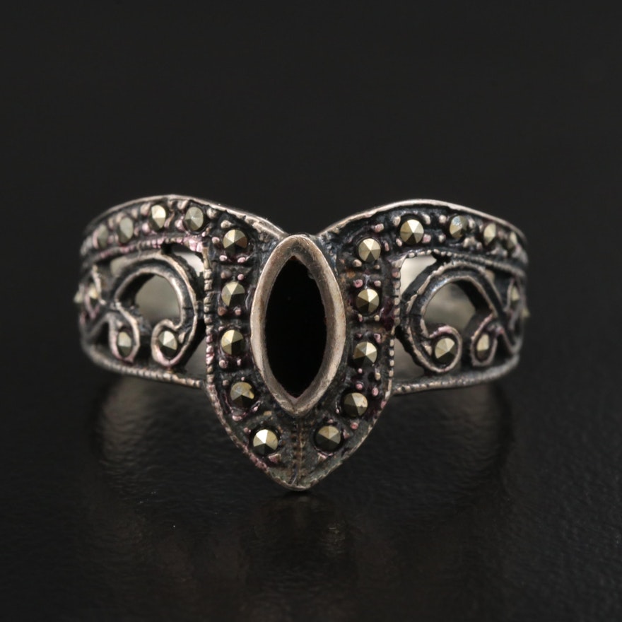 Sterling Silver Black Onyx and Marcasite Openwork Ring