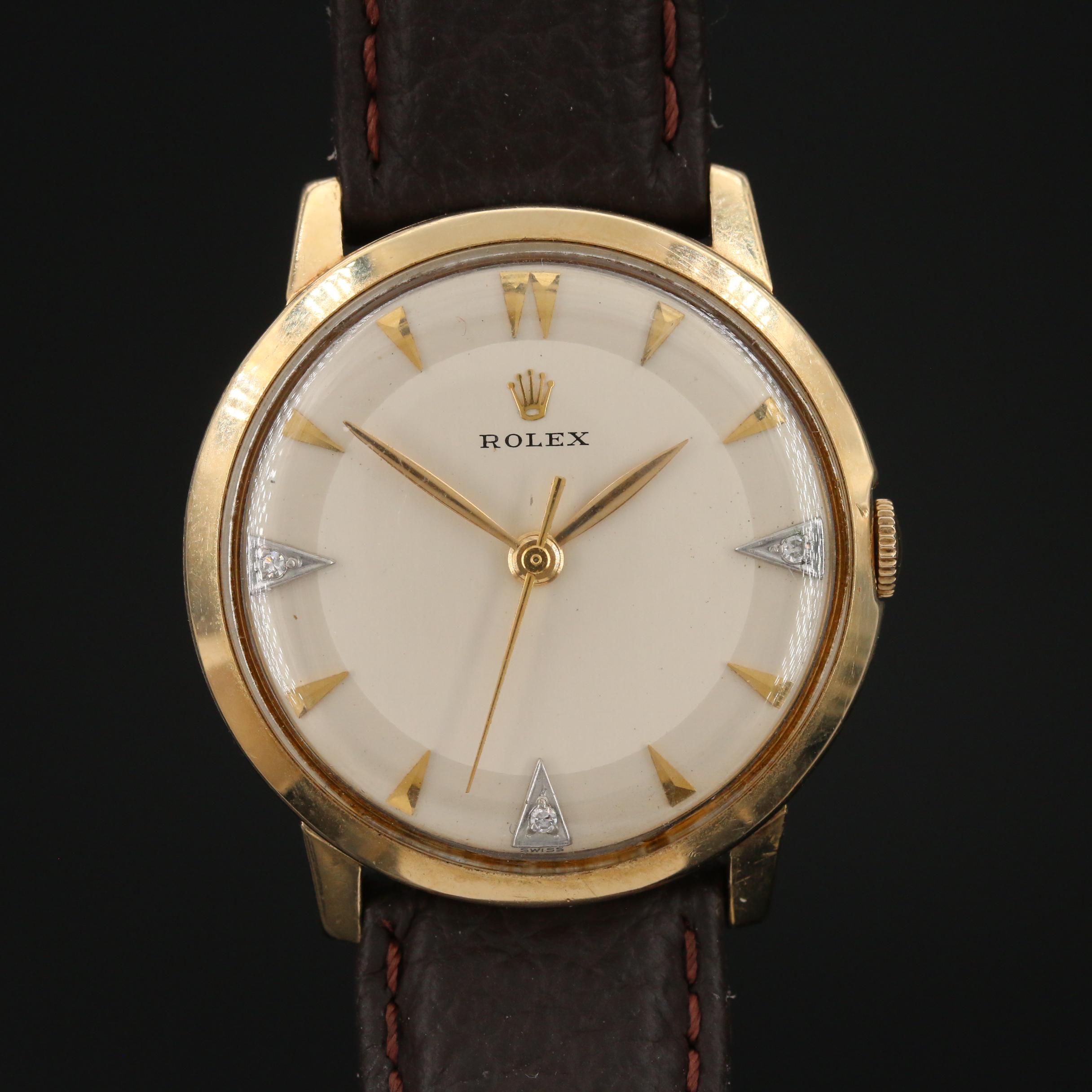 Circa 1960's Rolex 14K Gold and Diamonds Cal. 1215 Stem Wind Watch