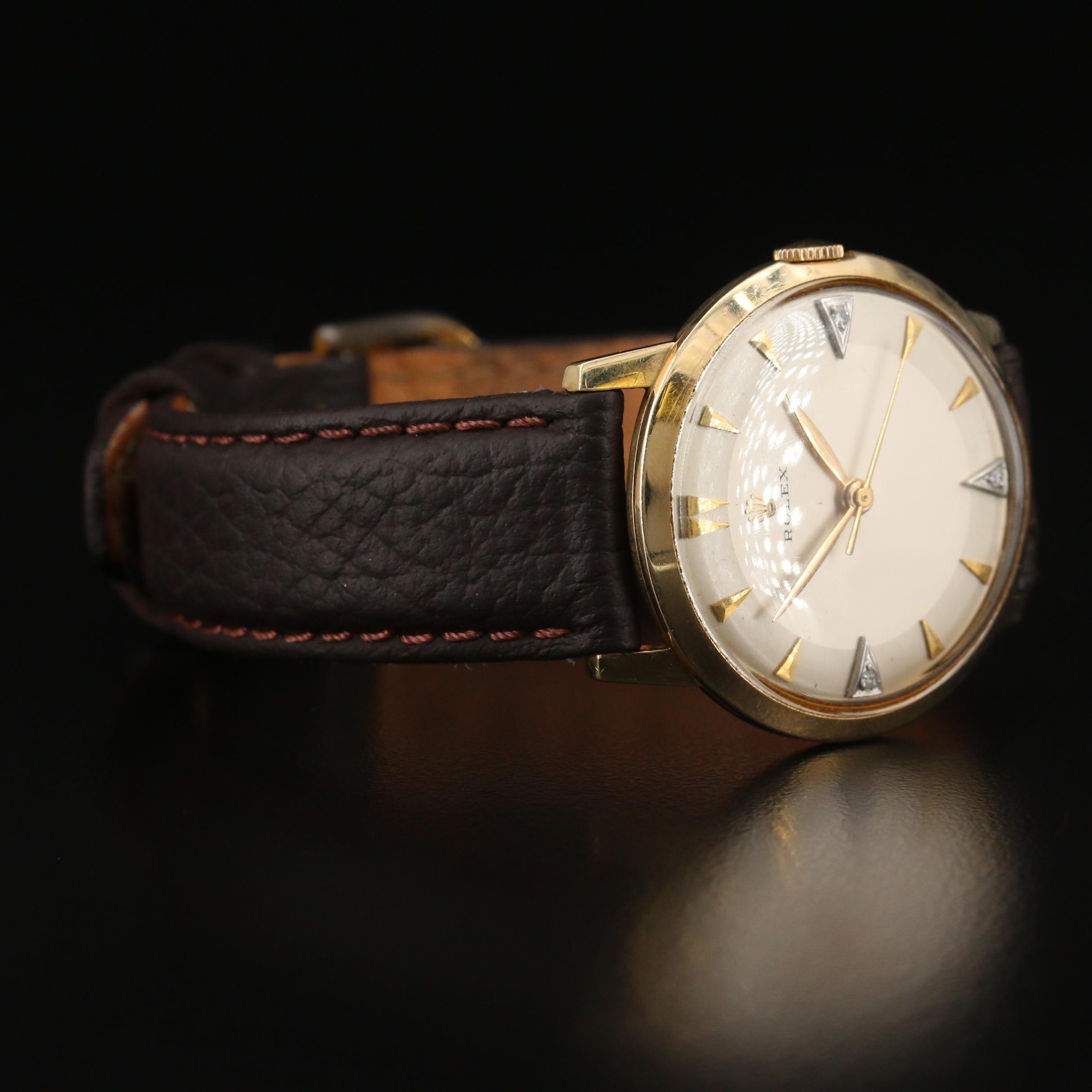 Circa 1960's Rolex 14K Gold and Diamonds Cal. 1215 Stem Wind Watch