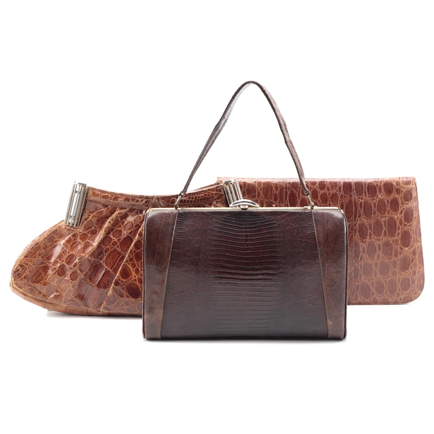 Escort Lizard Skin Frame Handbag with Brown Alligator Skin Clutches