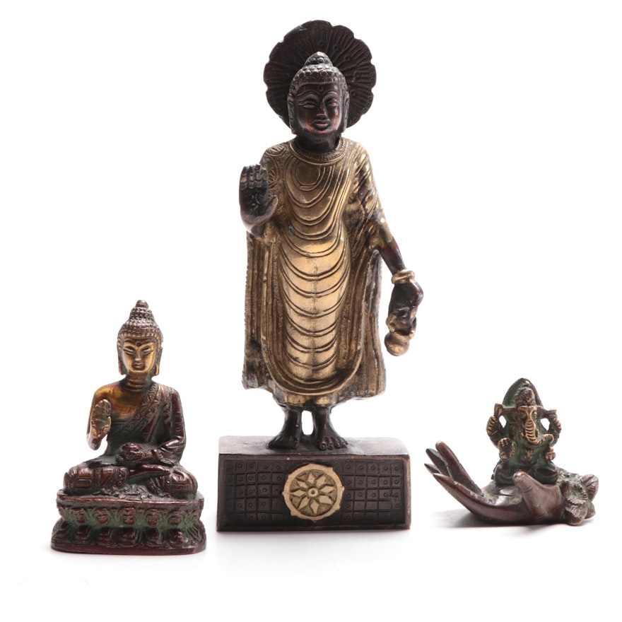 Bronze Standing and Seated Buddhas with Ganesha Hand Statuettes