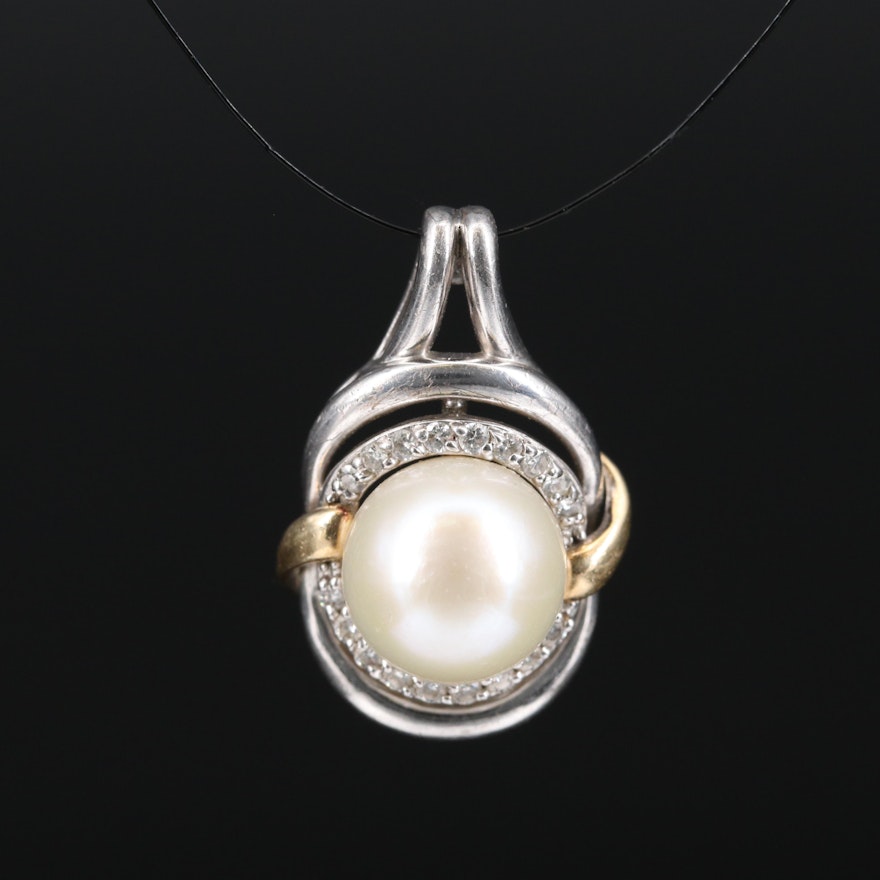 Sterling Silver Pearl and Diamond Pendant with 18K Accents