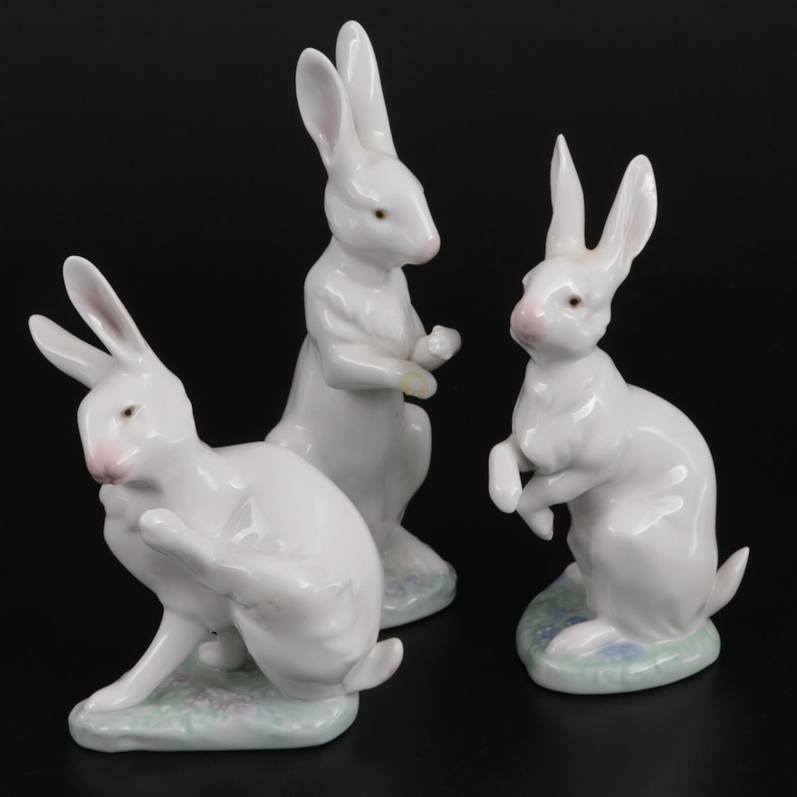 Lladró "Hippity Hop," "Washing Up," and "Snack Time" Porcelain Rabbit Figurines