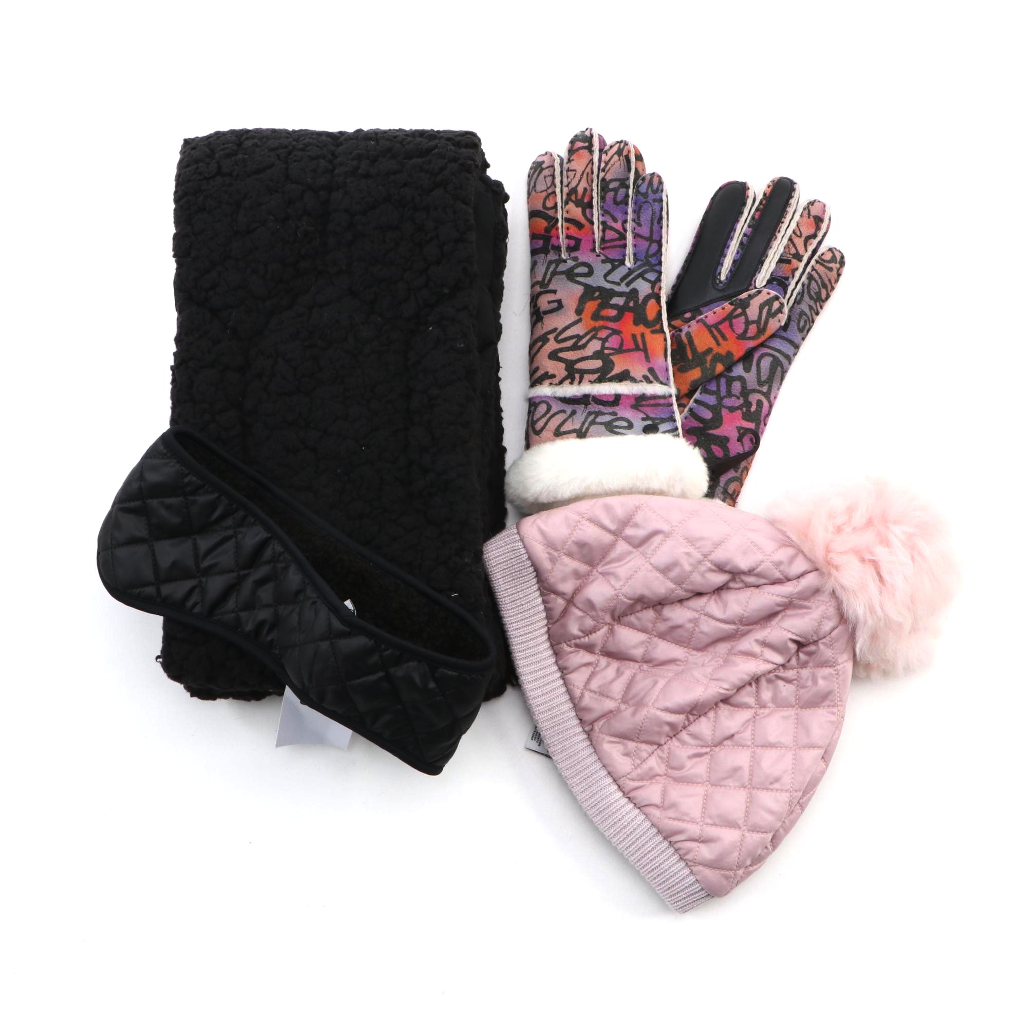 UGG Grafiti Gloves, Black Ear Warmers, and Blush Beanie with INC Black Scarf