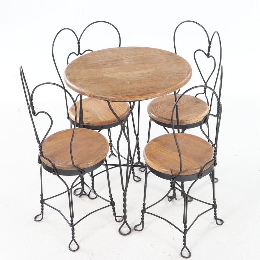 Five-Piece Oak and Twisted Wire Child's Ice Cream Parlor Set, 20th Century