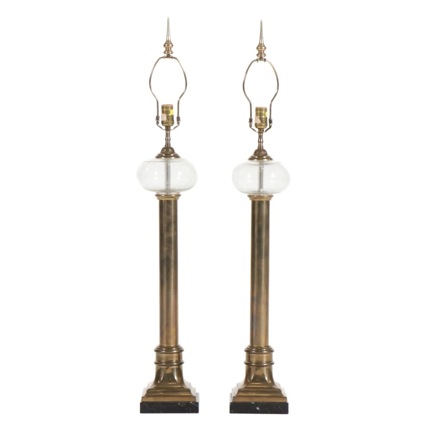 Pair of Chapman Empire Style Brass and Glass Lamps on Black Marble Bases, 1987