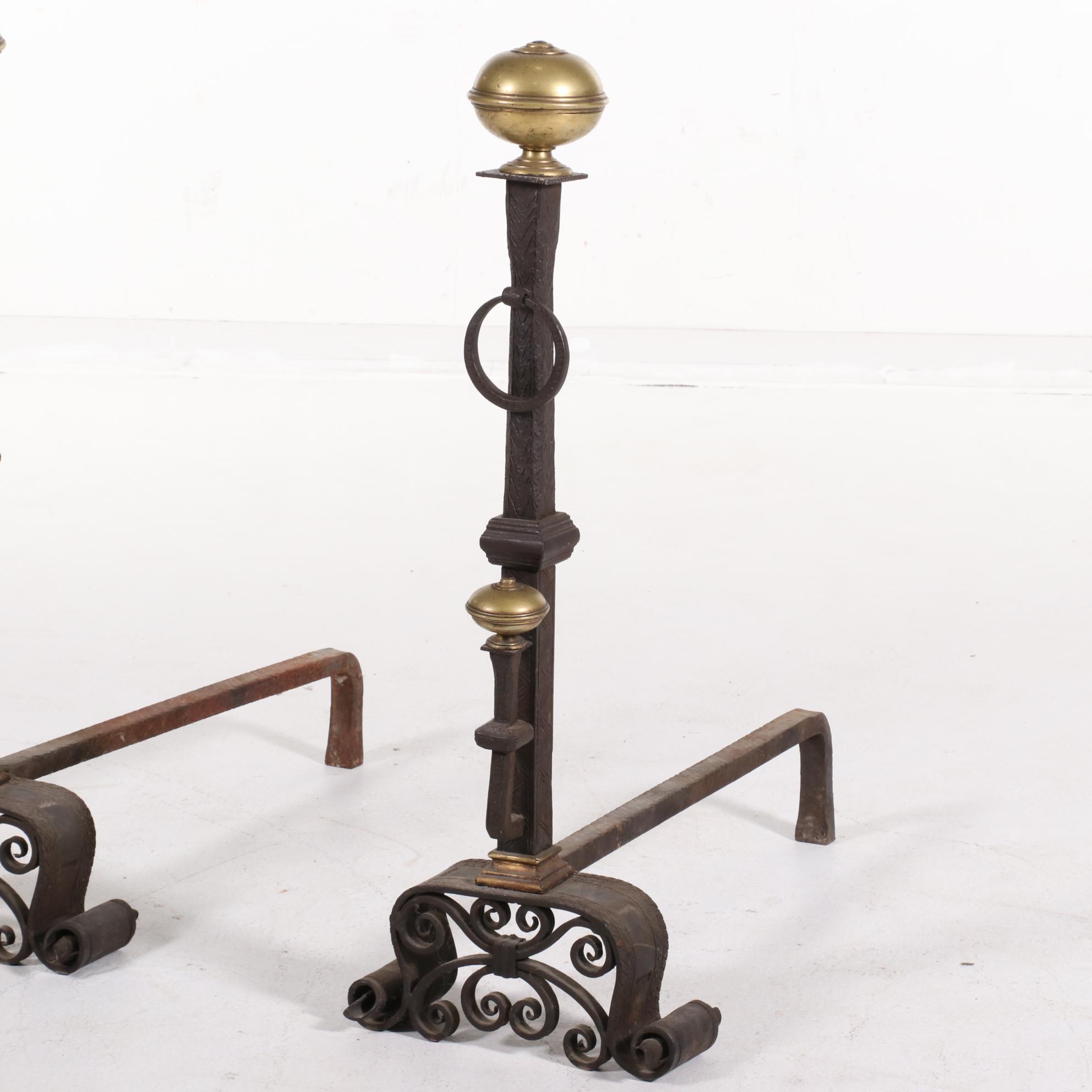 Hand-Forged Iron, Steel, and Brass Fireplace Andirons, Late 19th/Early 20th C.