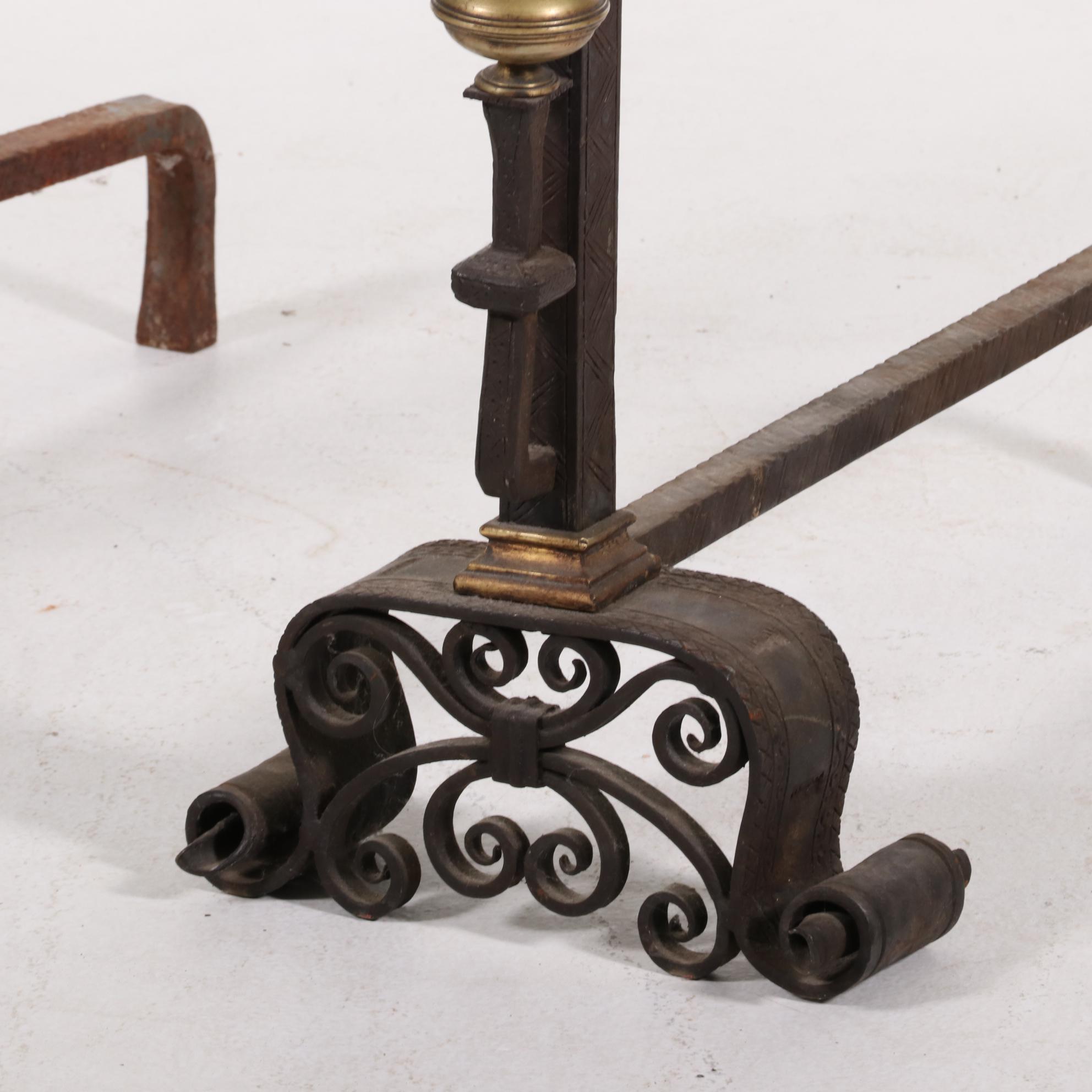 Hand-Forged Iron, Steel, and Brass Fireplace Andirons, Late 19th/Early 20th C.