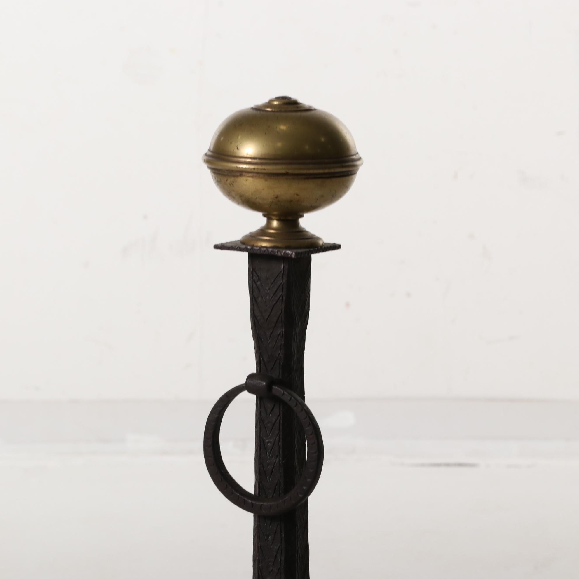 Hand-Forged Iron, Steel, and Brass Fireplace Andirons, Late 19th/Early 20th C.