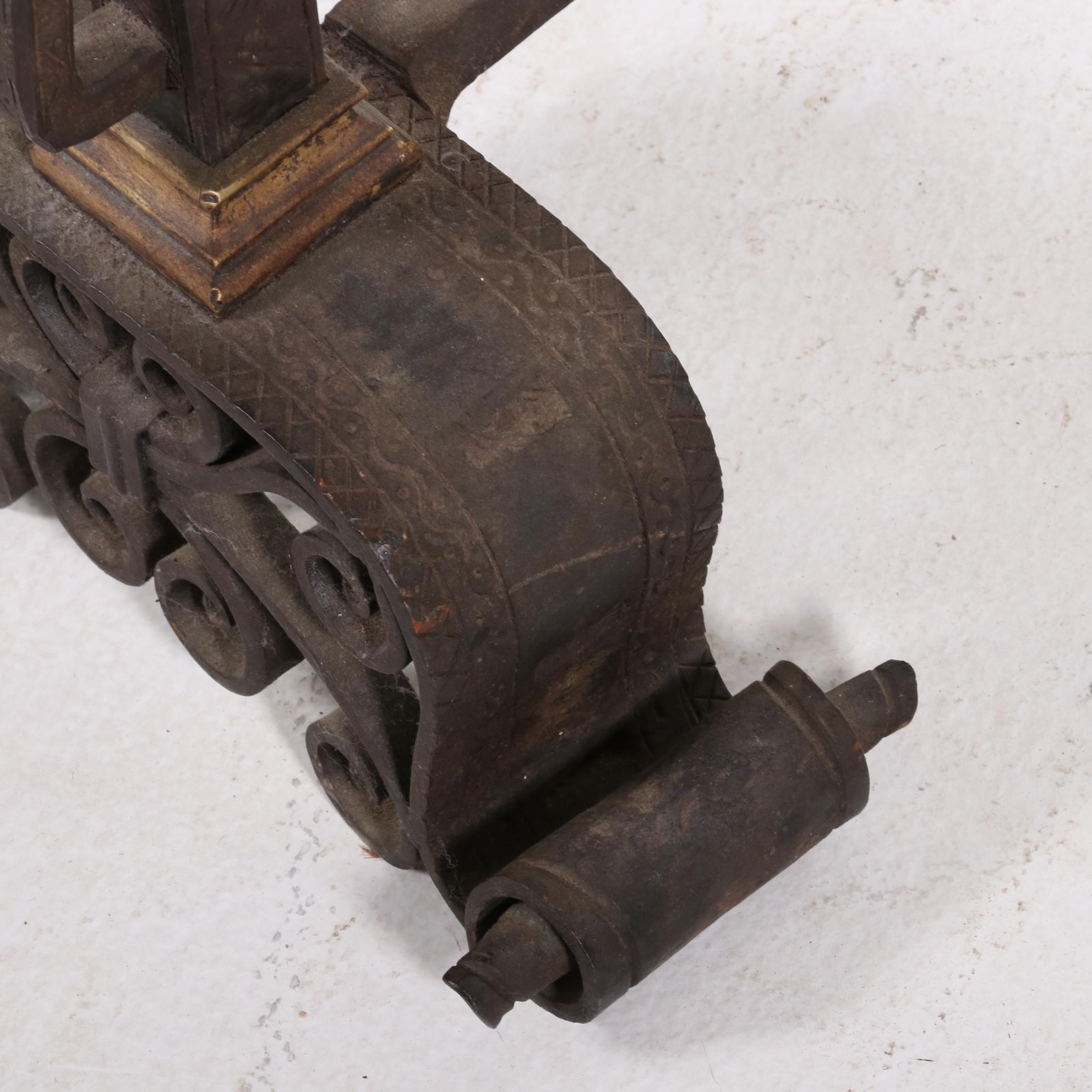 Hand-Forged Iron, Steel, and Brass Fireplace Andirons, Late 19th/Early 20th C.