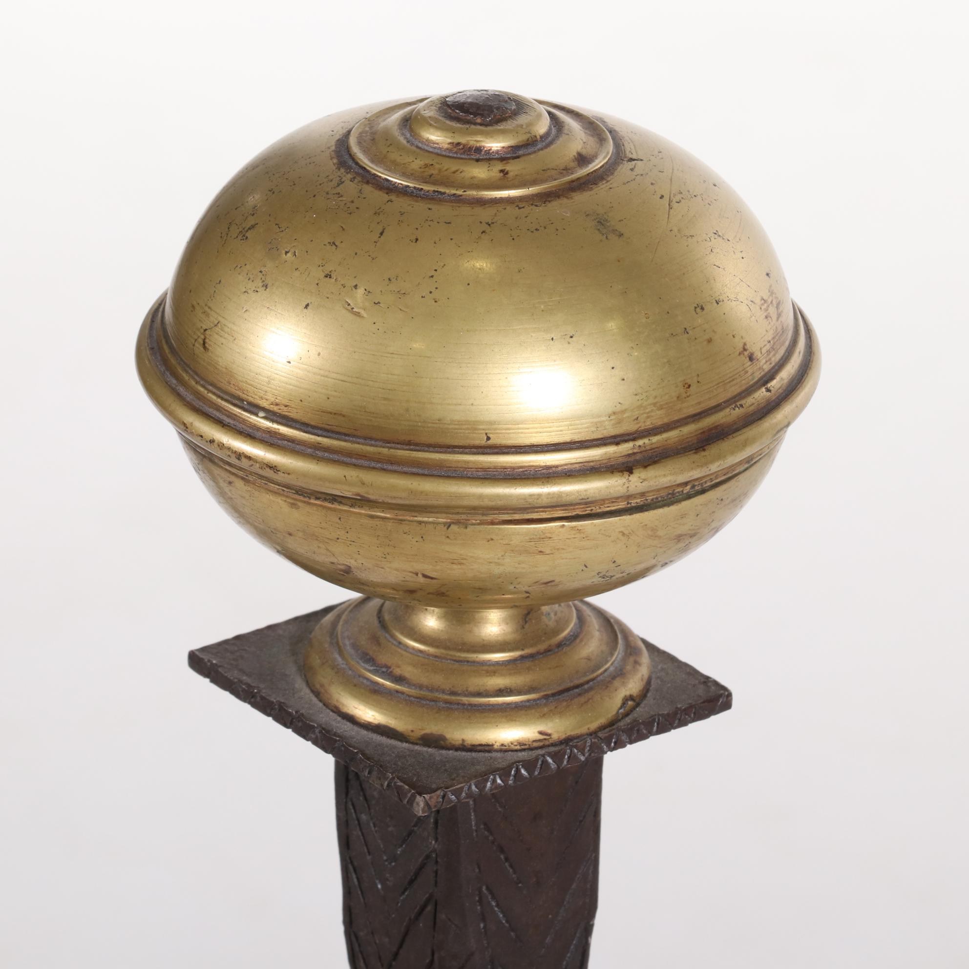 Hand-Forged Iron, Steel, and Brass Fireplace Andirons, Late 19th/Early 20th C.