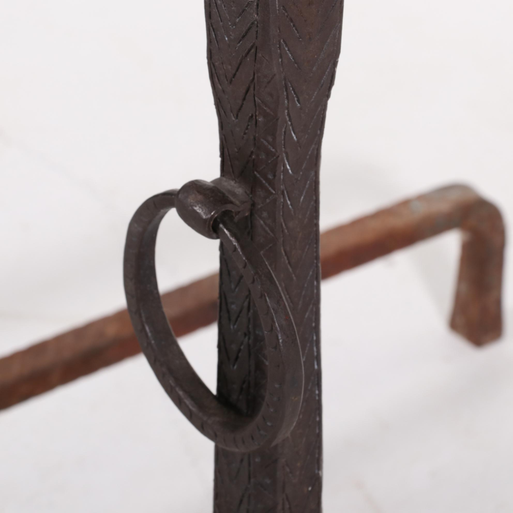 Hand-Forged Iron, Steel, and Brass Fireplace Andirons, Late 19th/Early 20th C.