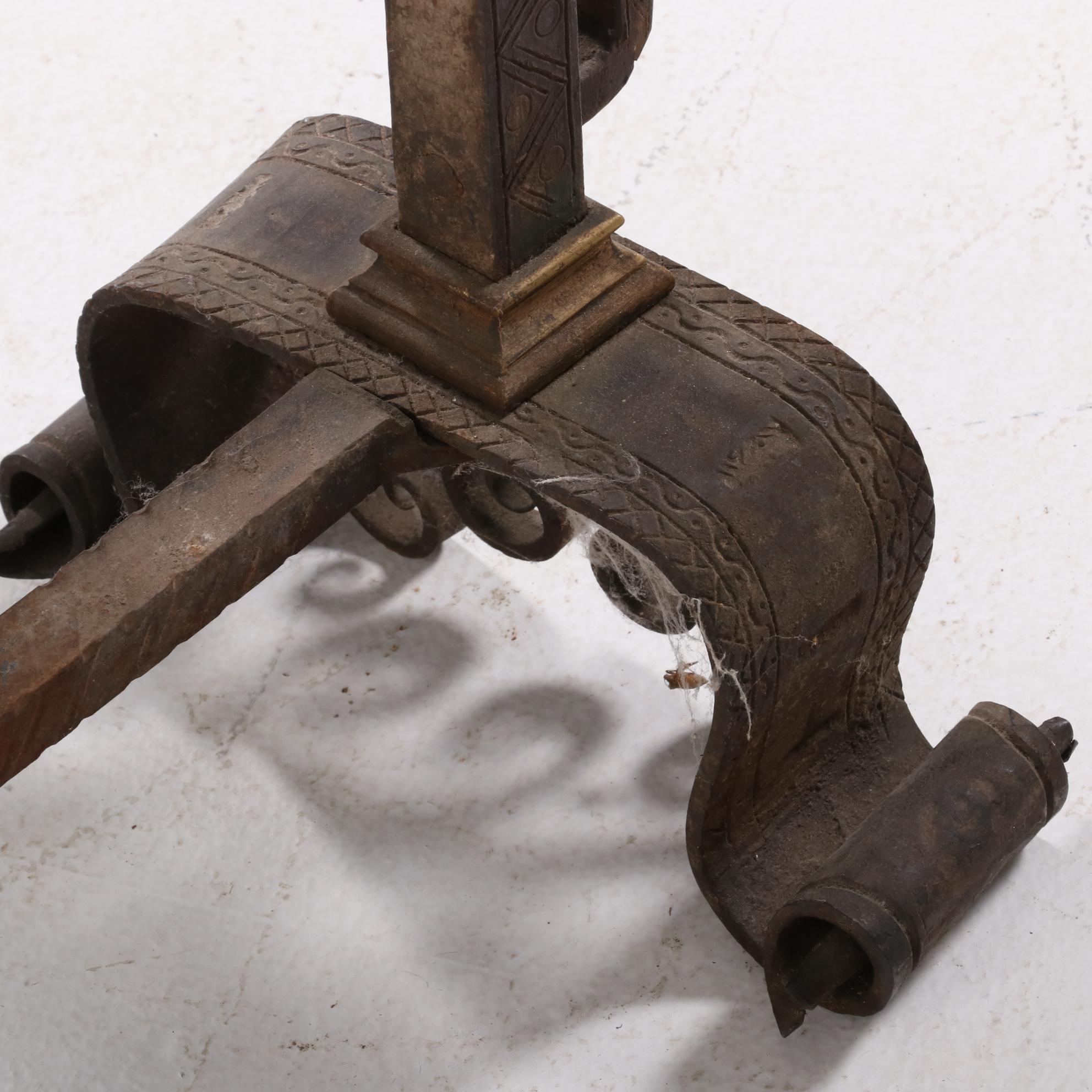 Hand-Forged Iron, Steel, and Brass Fireplace Andirons, Late 19th/Early 20th C.