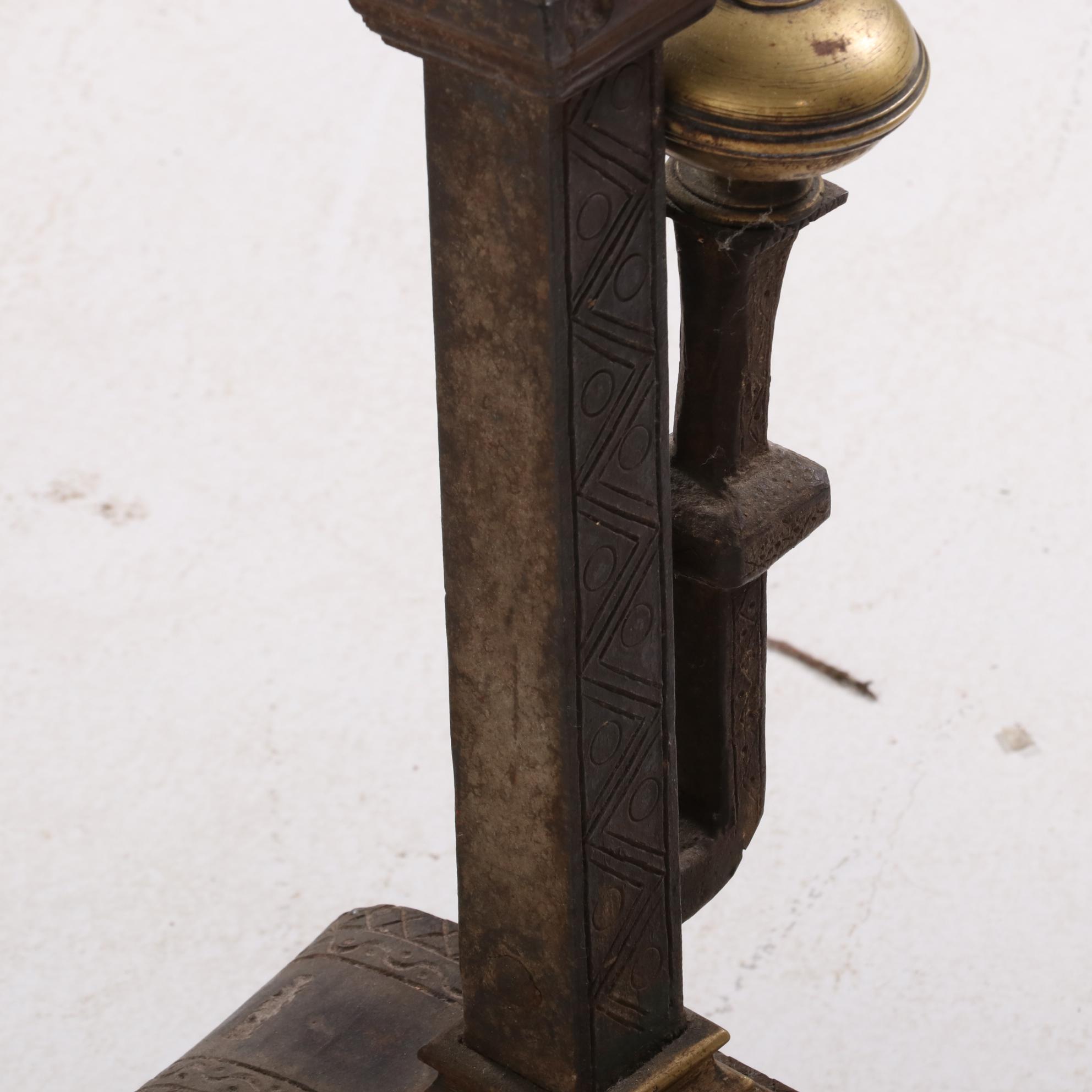 Hand-Forged Iron, Steel, and Brass Fireplace Andirons, Late 19th/Early 20th C.