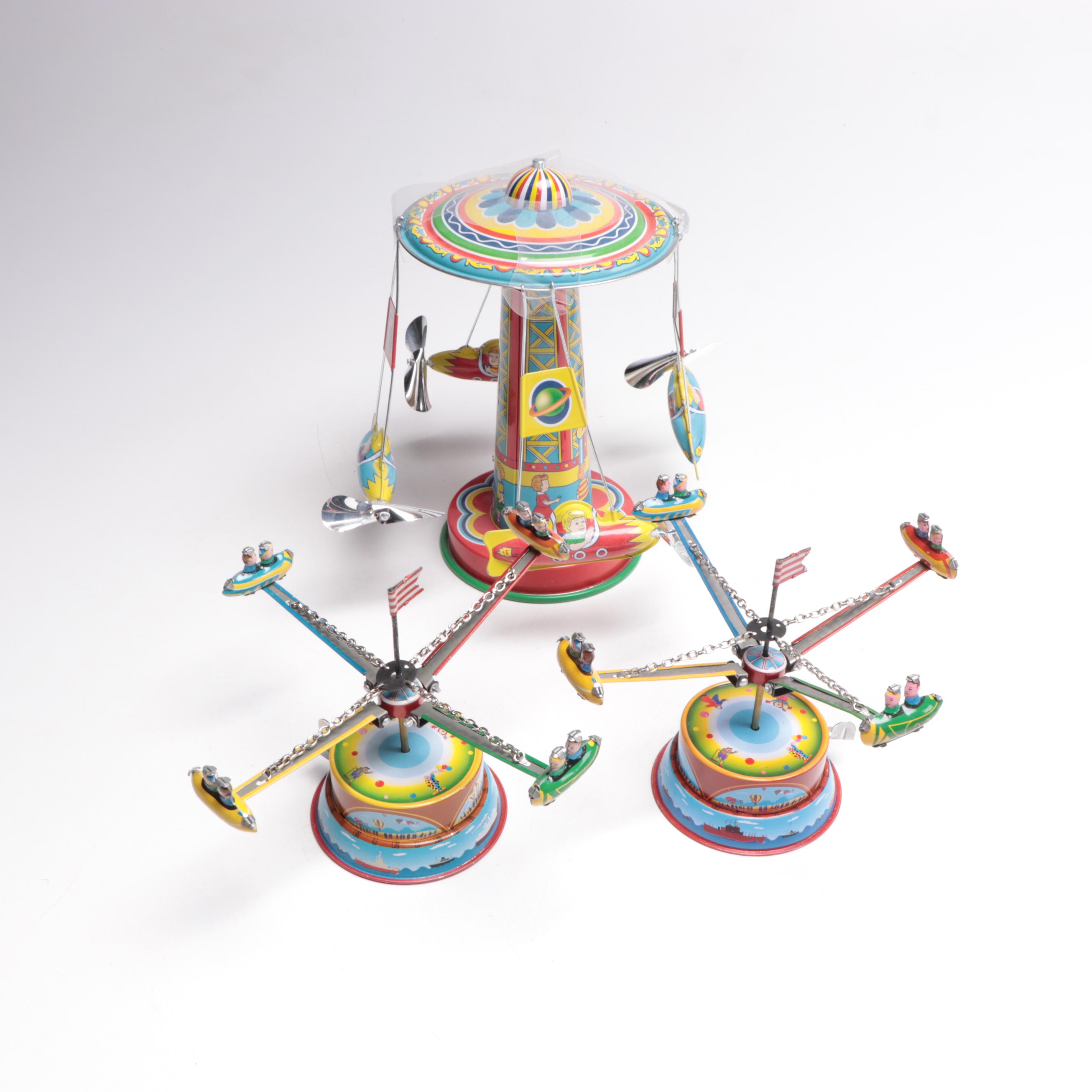 Schylling "Rocket Ride Carousel" and Other Carnival Ride Tin Toys