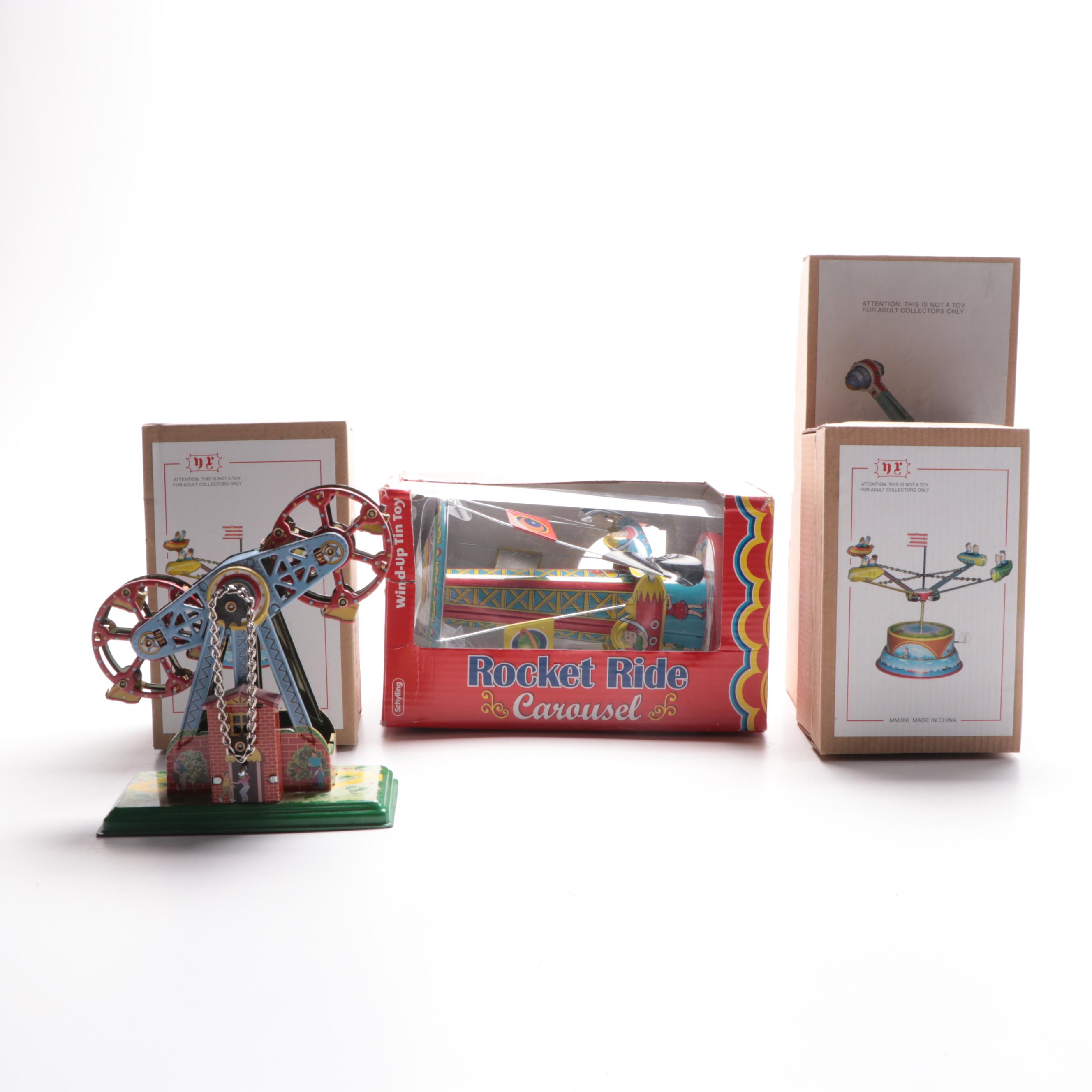 Schylling "Rocket Ride Carousel" and Other Carnival Ride Tin Toys