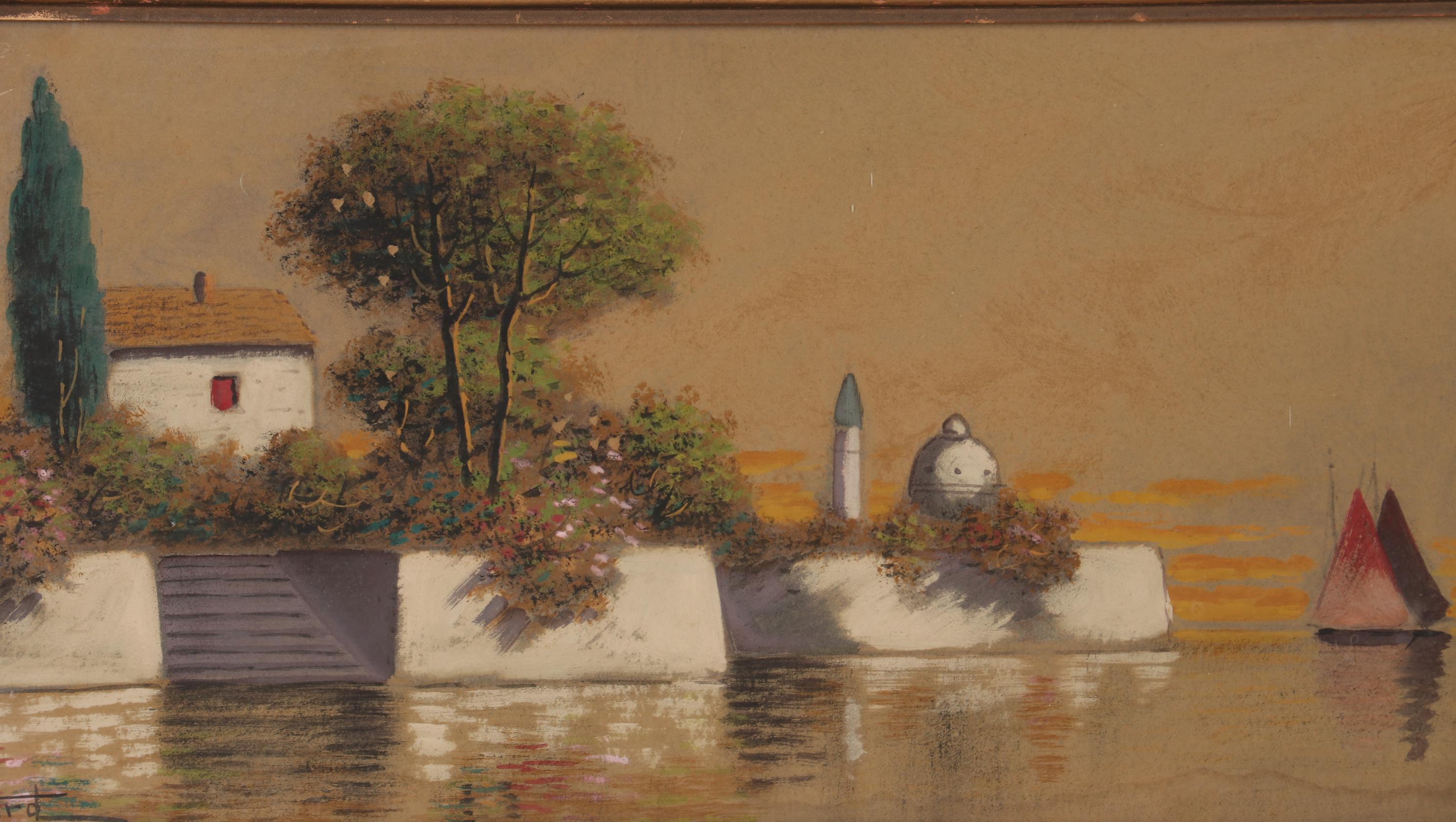 F.D. Ward Gouache Painting of Waterfront House, Early 20th Century