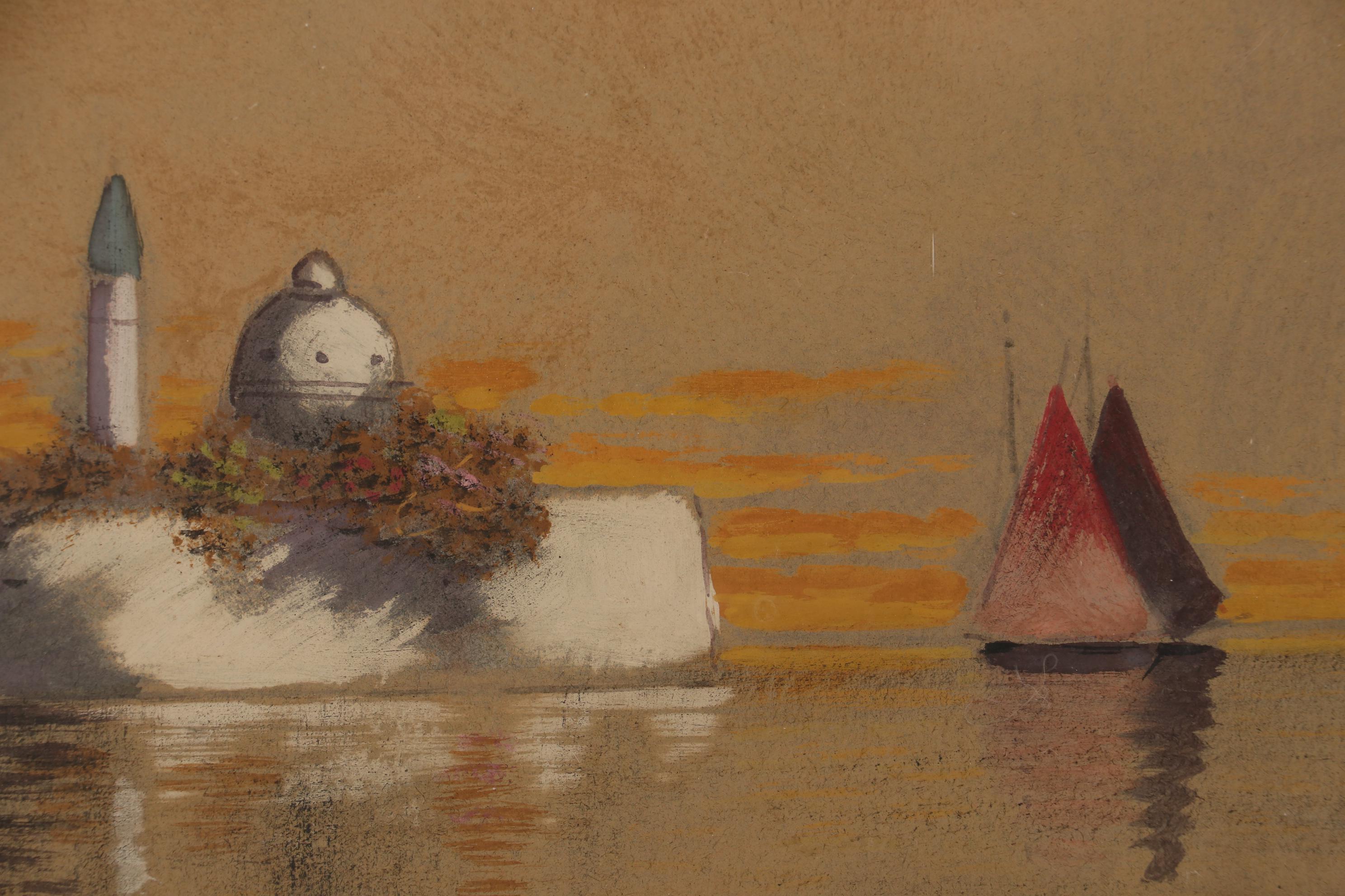 F.D. Ward Gouache Painting of Waterfront House, Early 20th Century