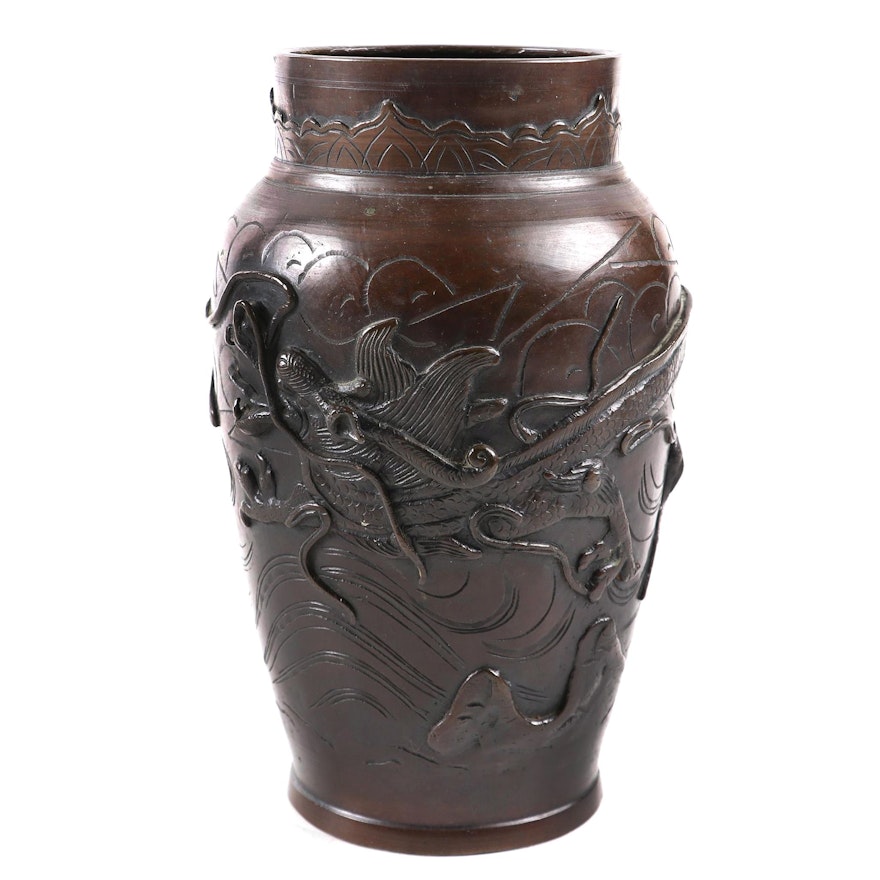 Japanese Phoenix and Dragon Embossed Bronze Vase, Late Meiji Period