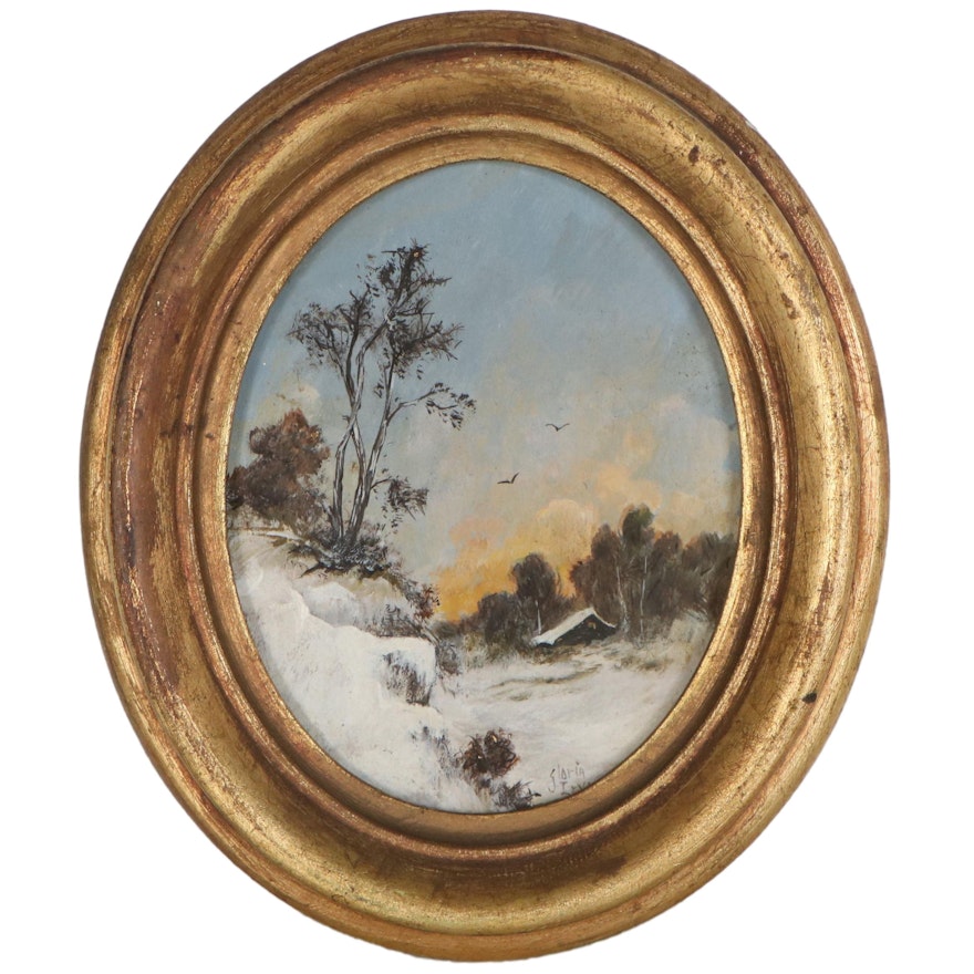 Gloria Irvine Miniature Oil Painting of Snowy Landscape, 20th Century