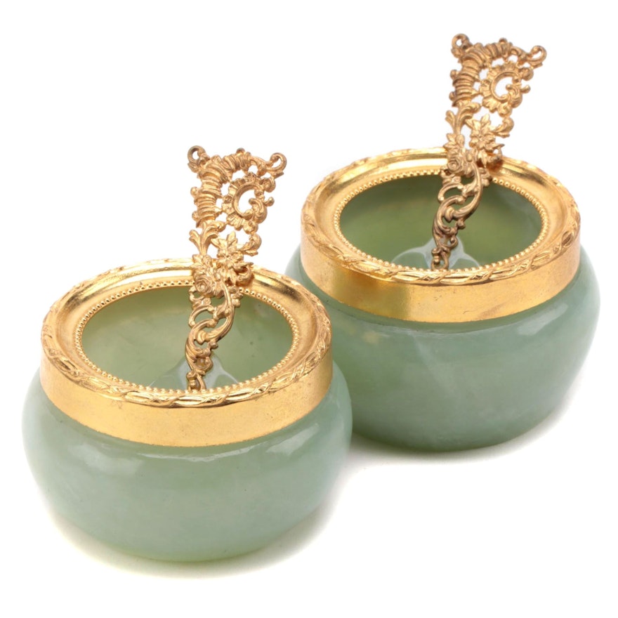 Carved Serpentine Salt Cellars and Spoons with Gilt Metal Accents