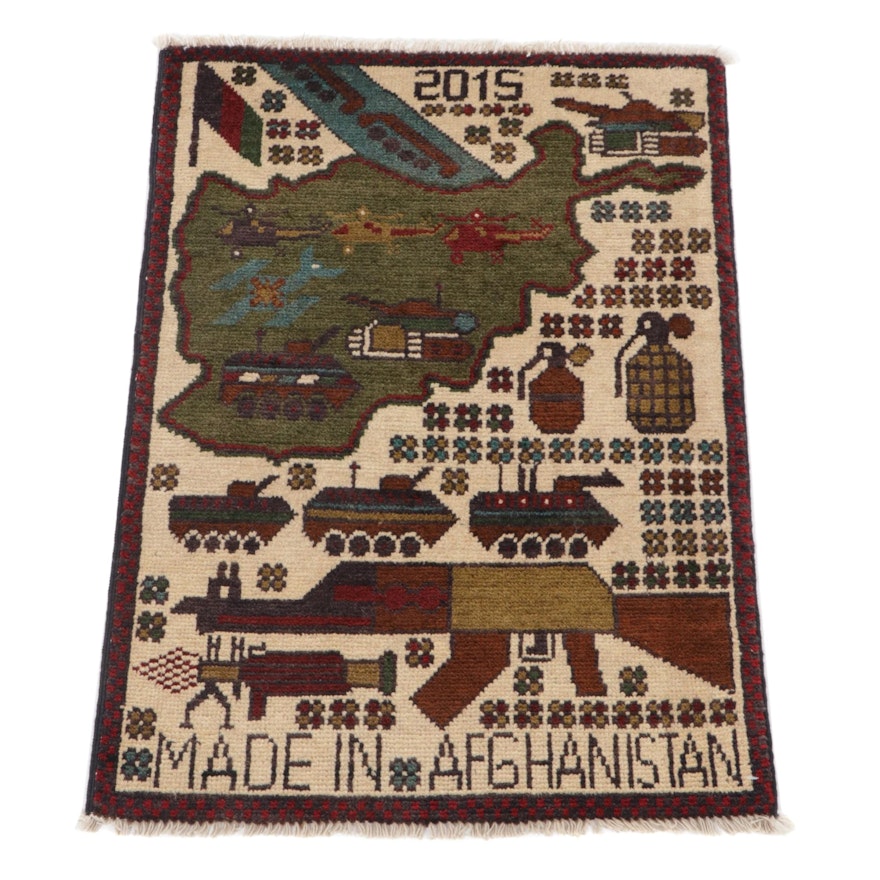 1'11 x 2'8 Hand-Knotted Afghan Pictorial War Rug