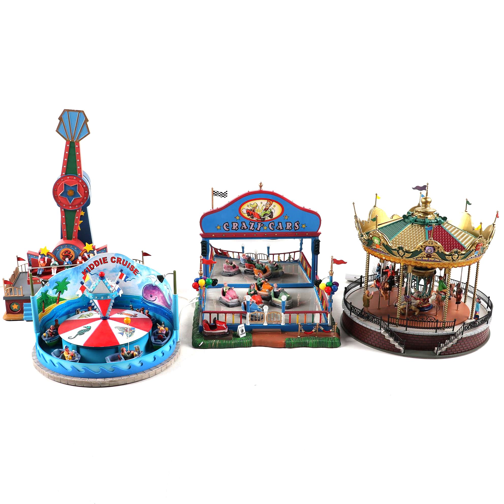 Lemax Carnival Ride Figures Including "Sunshine Carousel" and "Crazy Cars"
