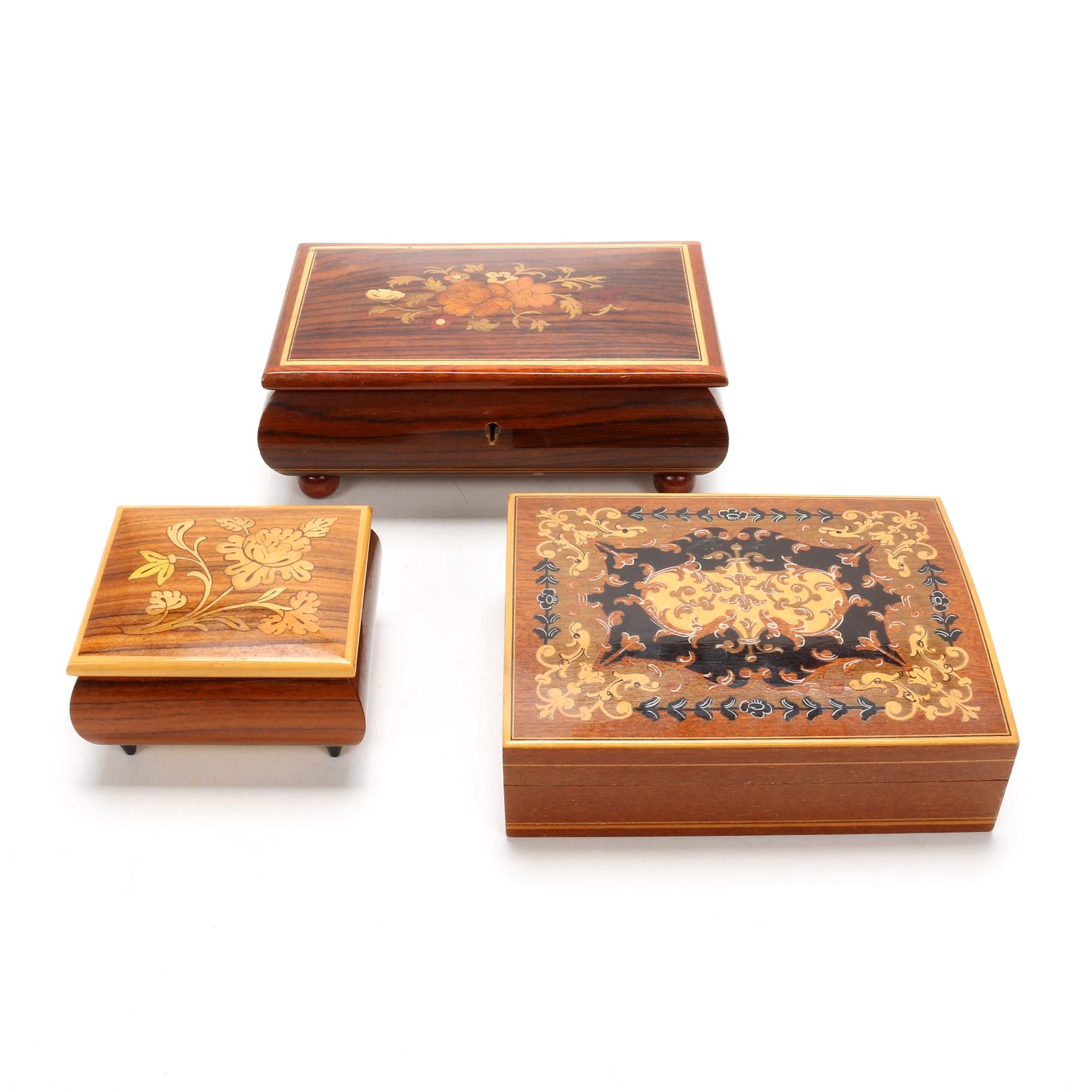 Marquetry Inlaid  Musical Jewelry Boxes and Decorative Box, Mid-Late 20th C.