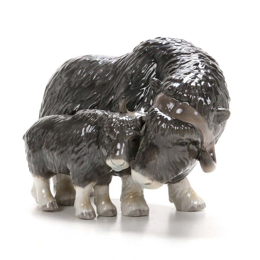 Royal Copenhagen Musk Ox with Calf Porcelain Figurine