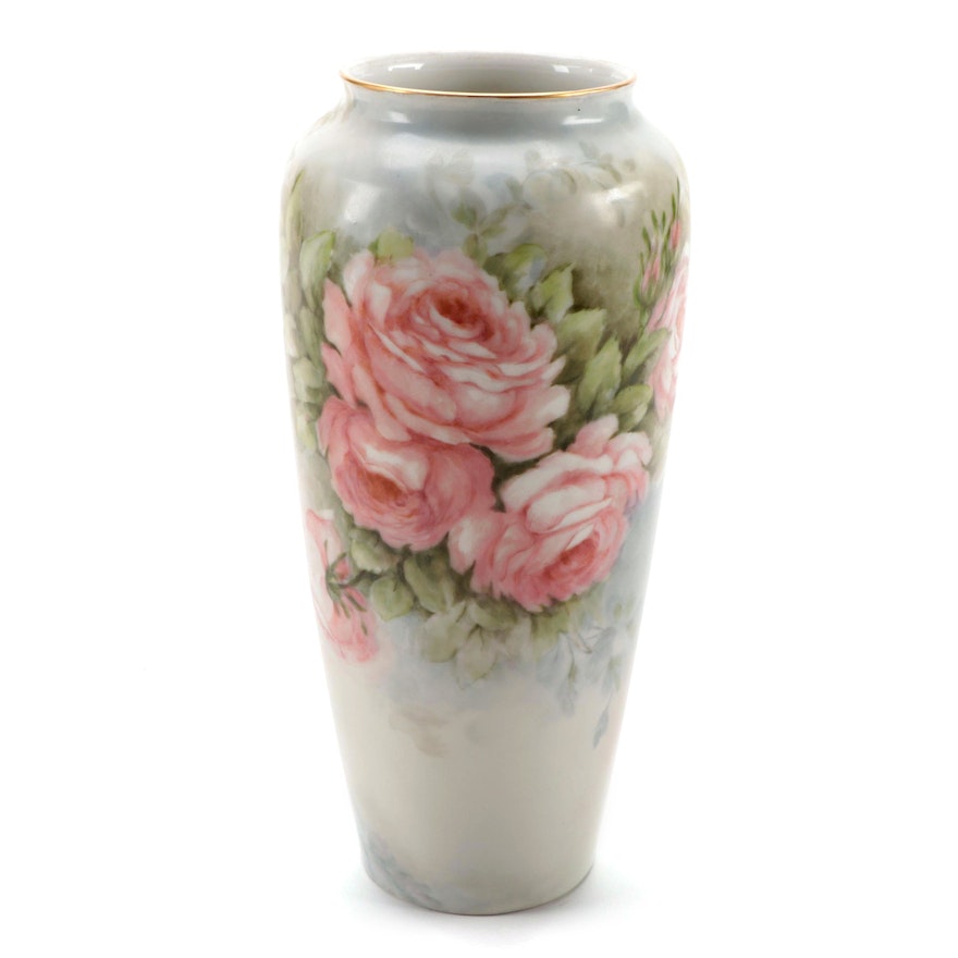 Limoges Hand-Painted Porcelain Vase with Rose Motif