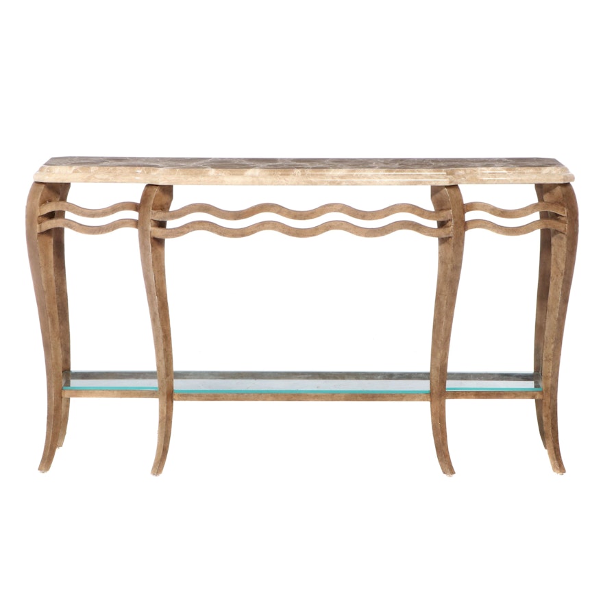Contemporary Metal Framed Console Table with Marble Top and Glass Lower Shelf