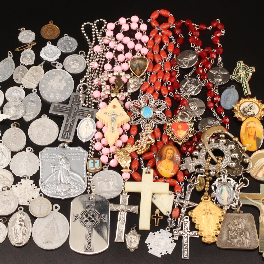 Religious Medallions, Rosaries and Jewelry Featuring Bone, Glass and Resin