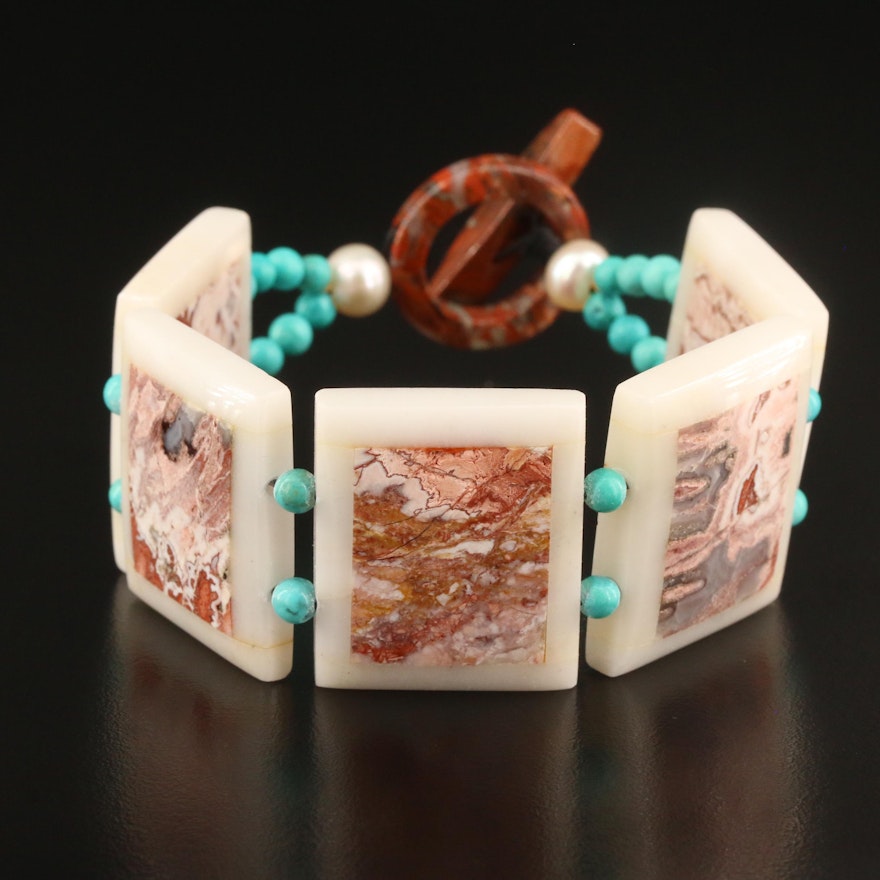Gemstone Panel Bracelet Featuring Jasper, Agate, Turquoise and Pearl