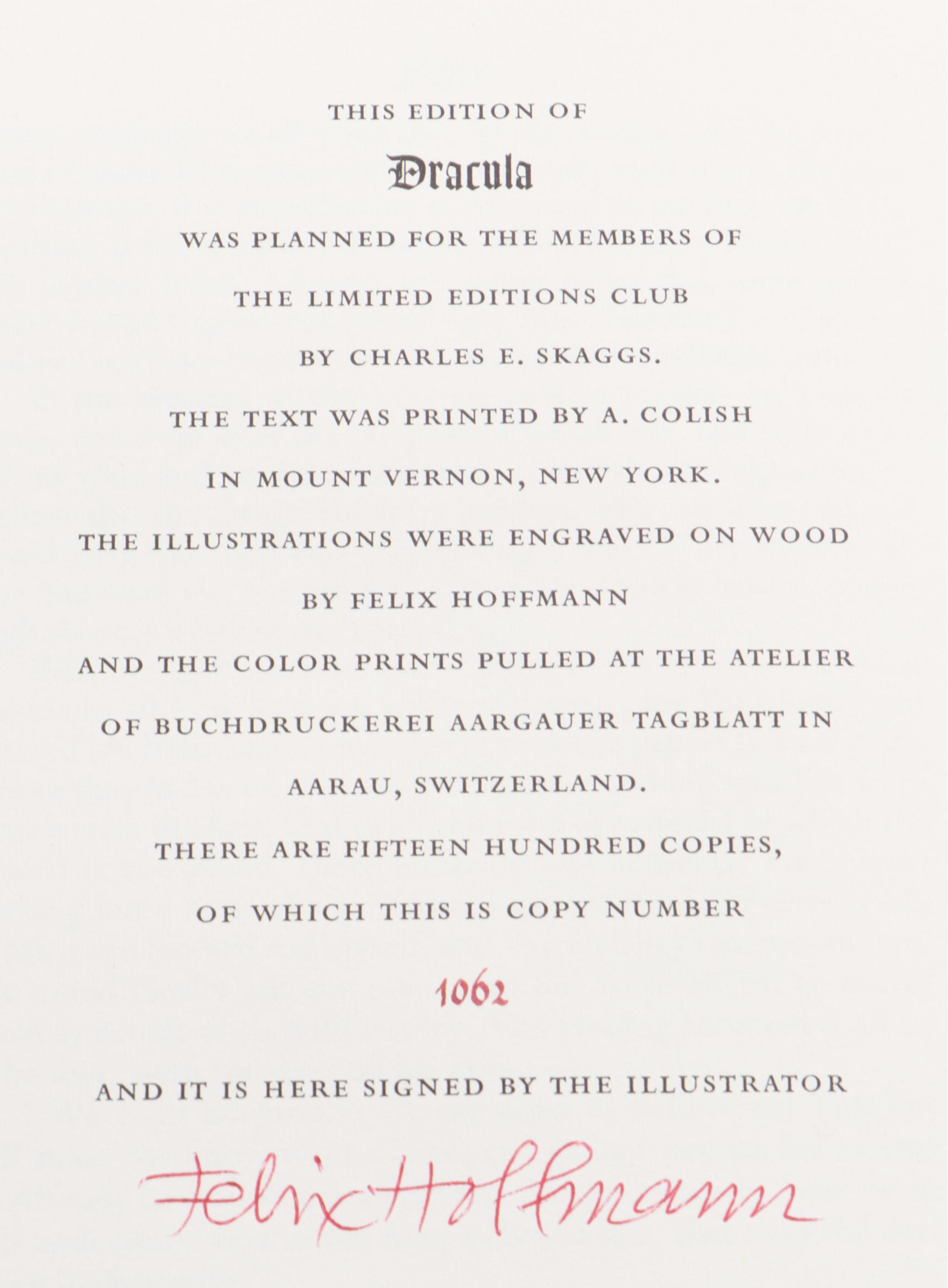 Felix Hoffman Signed Limited Editions Club "Dracula" by Bram Stoker, 1965