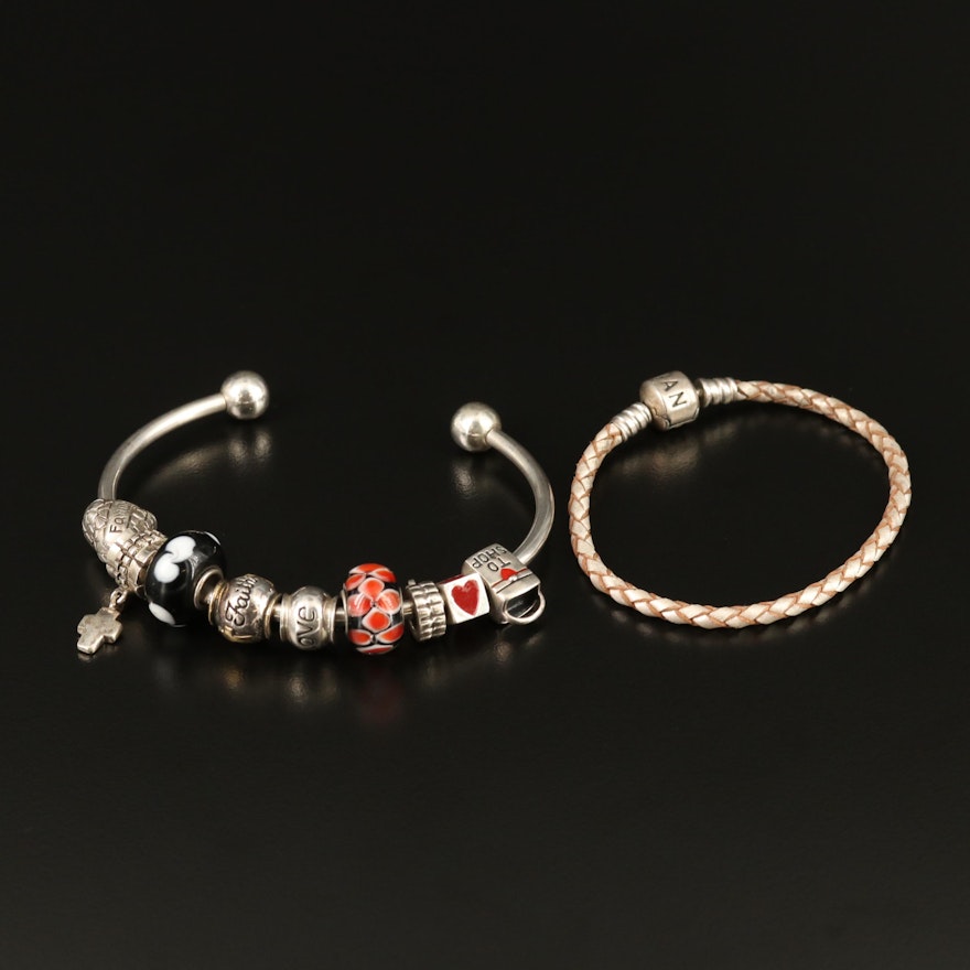 Charm Cuff with Enamel, Murano Glass and Pandora Leather Braided Bracelet